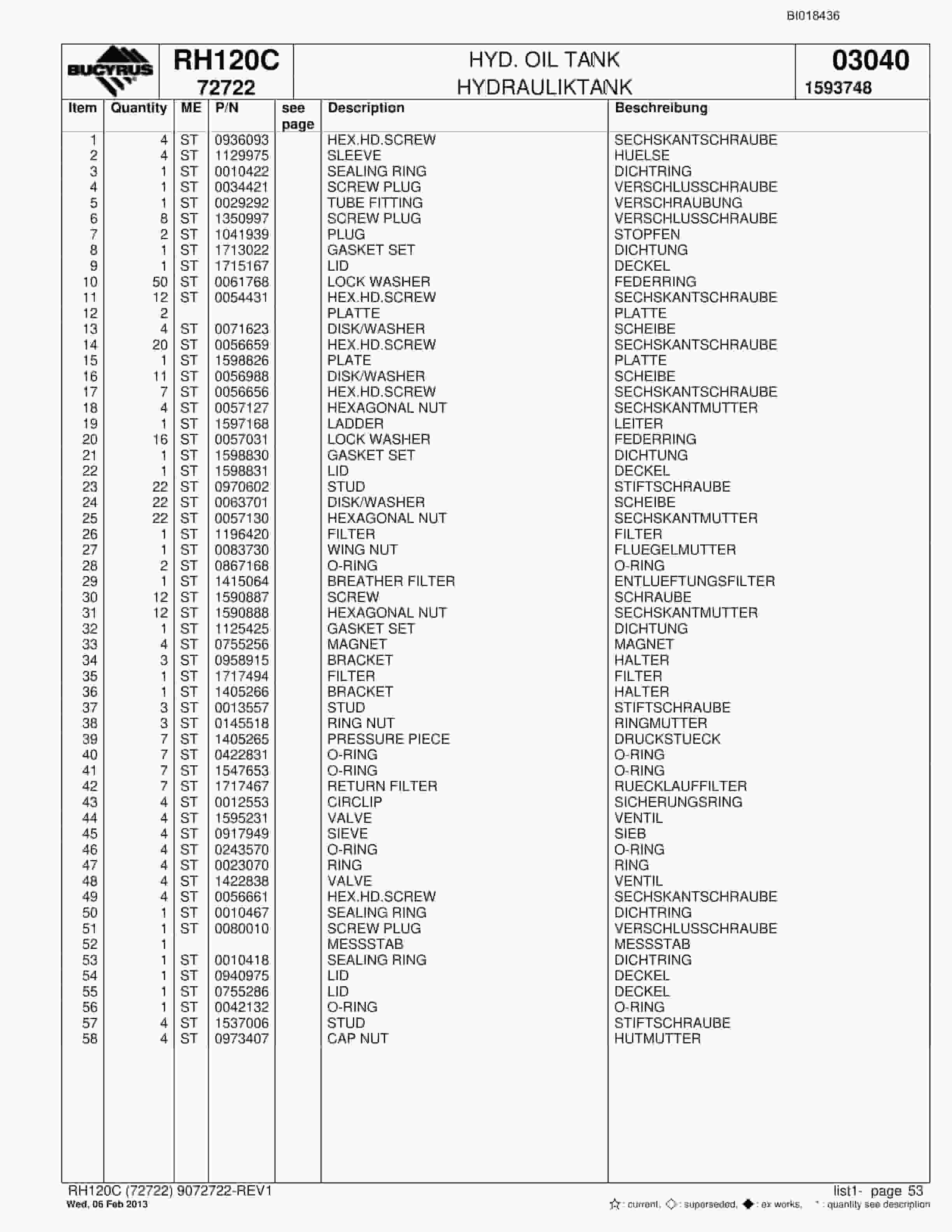 Bucyrus RH120C Hydraulic Excavator Parts Catalog BI018436-2
