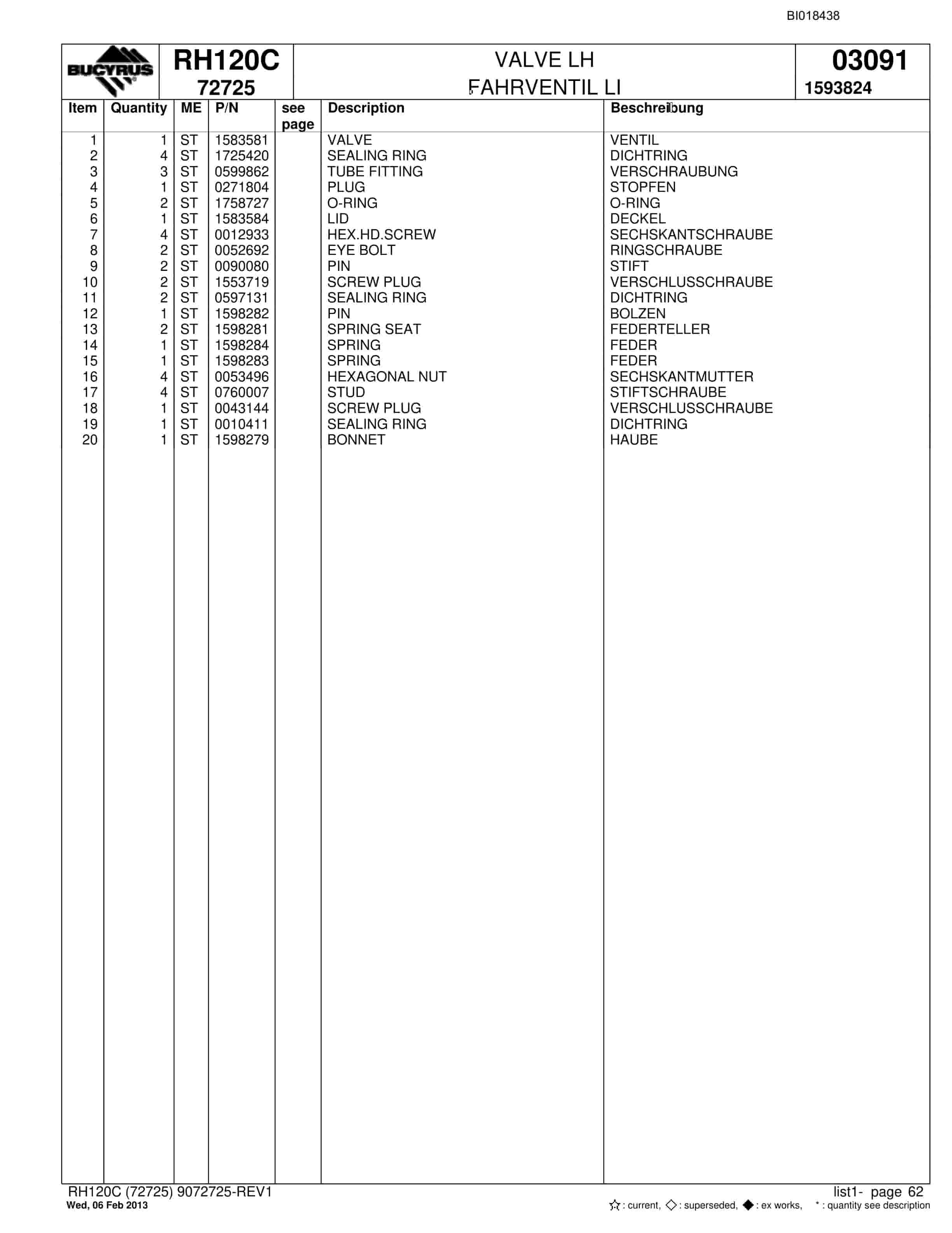 Bucyrus RH120C Hydraulic Excavator Parts Catalog BI018438-3