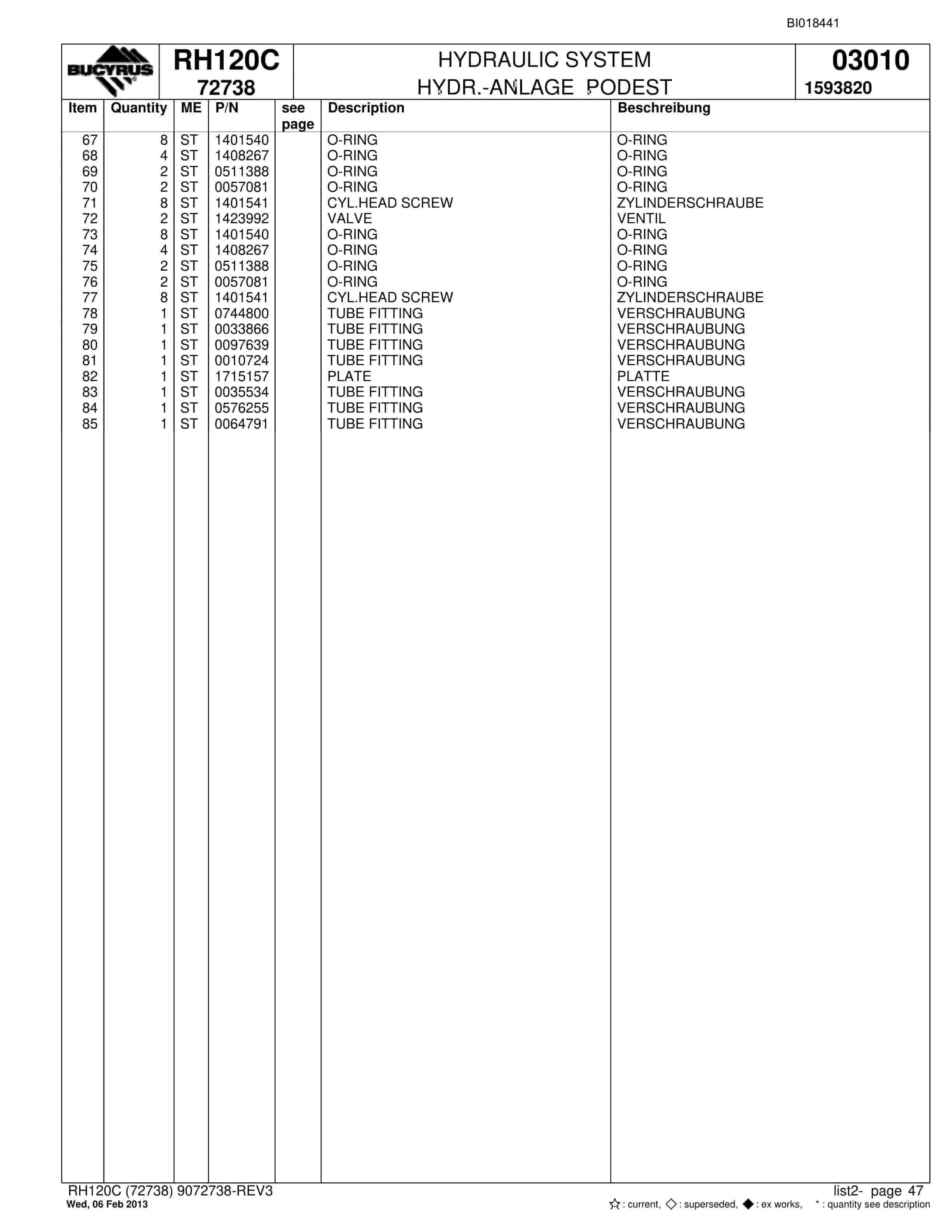 Bucyrus RH120C Hydraulic Excavator Parts Catalog BI018441-2