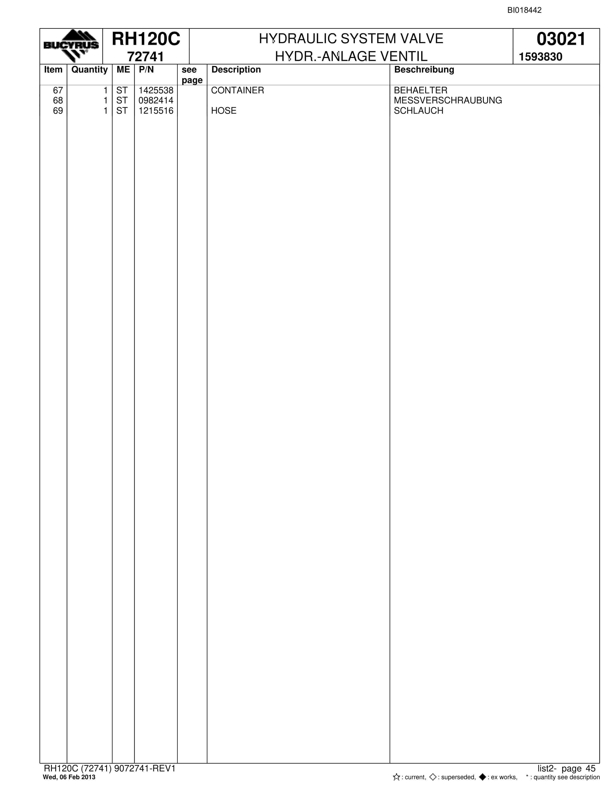 Bucyrus RH120C Hydraulic Excavator Parts Catalog BI018442-2