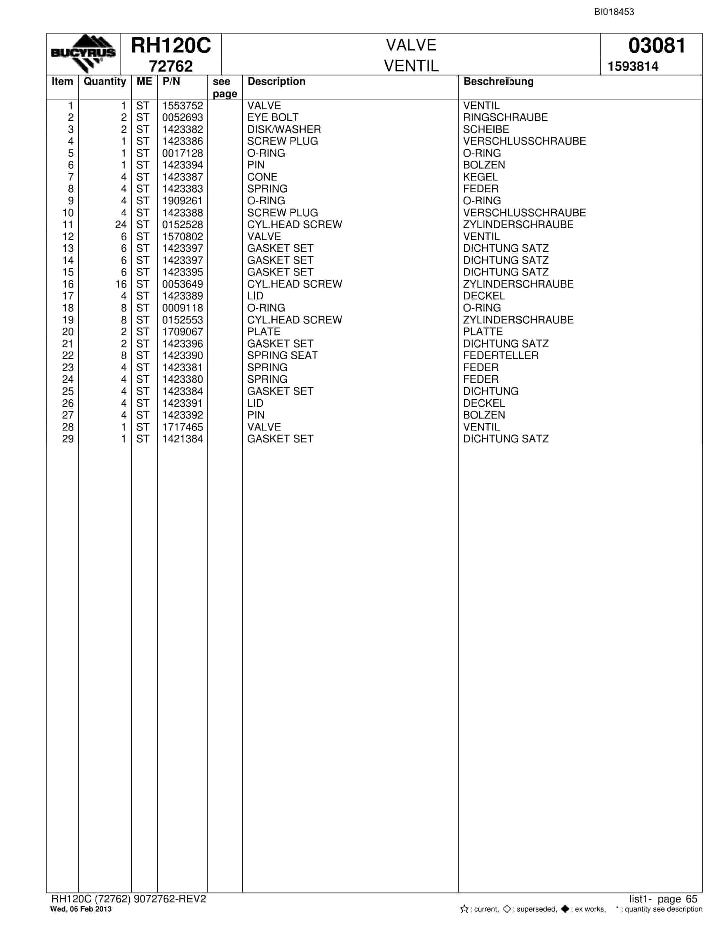 Bucyrus RH120C Hydraulic Excavator Parts Catalog BI018453-3