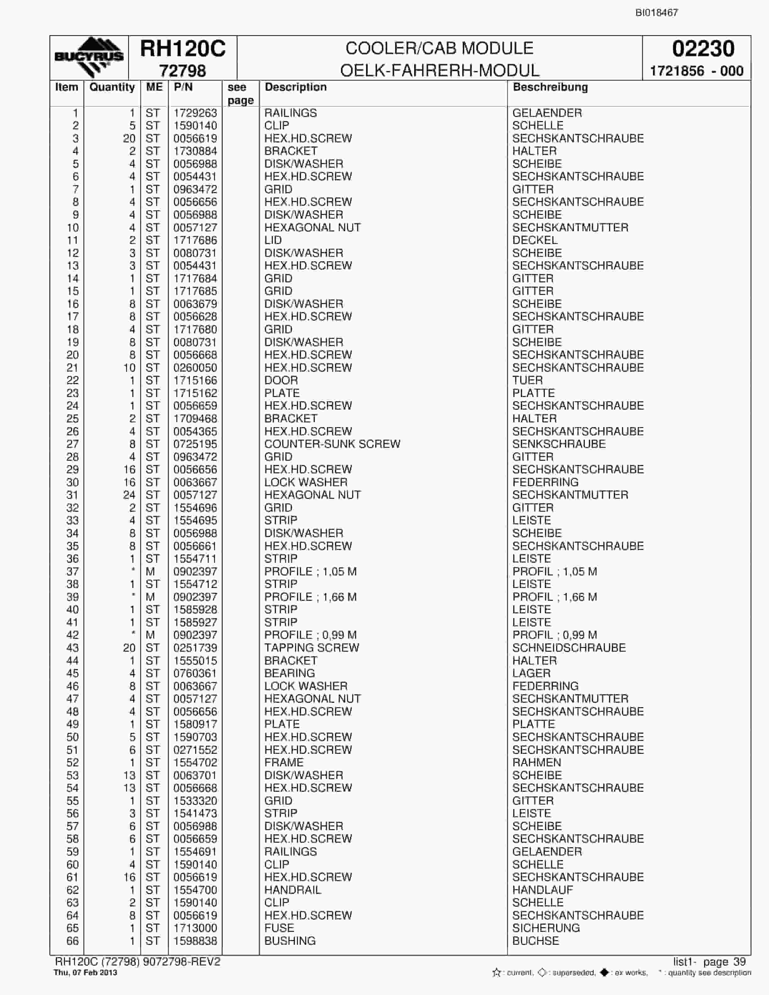 Bucyrus RH120C Hydraulic Excavator Parts Catalog BI018467-2