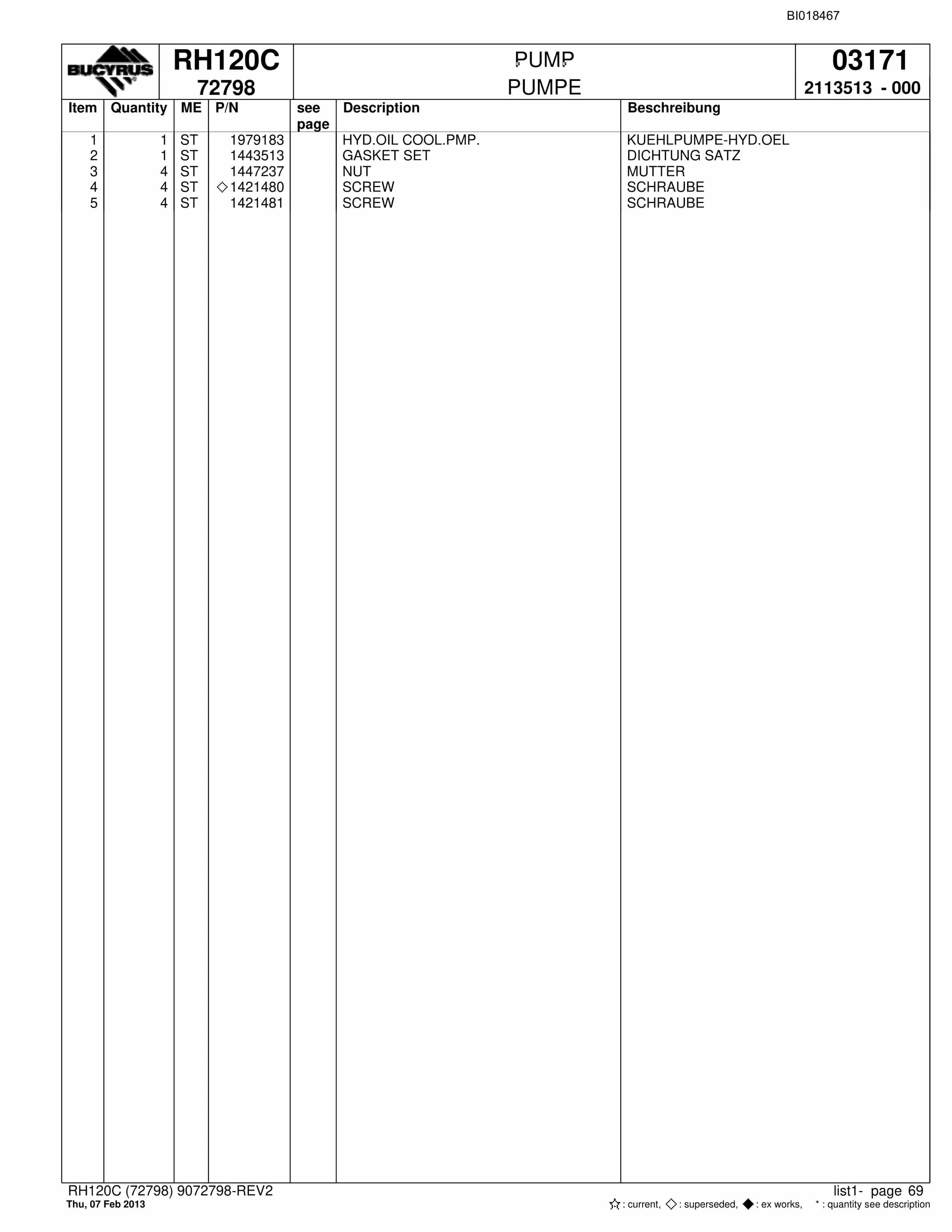 Bucyrus RH120C Hydraulic Excavator Parts Catalog BI018467-5