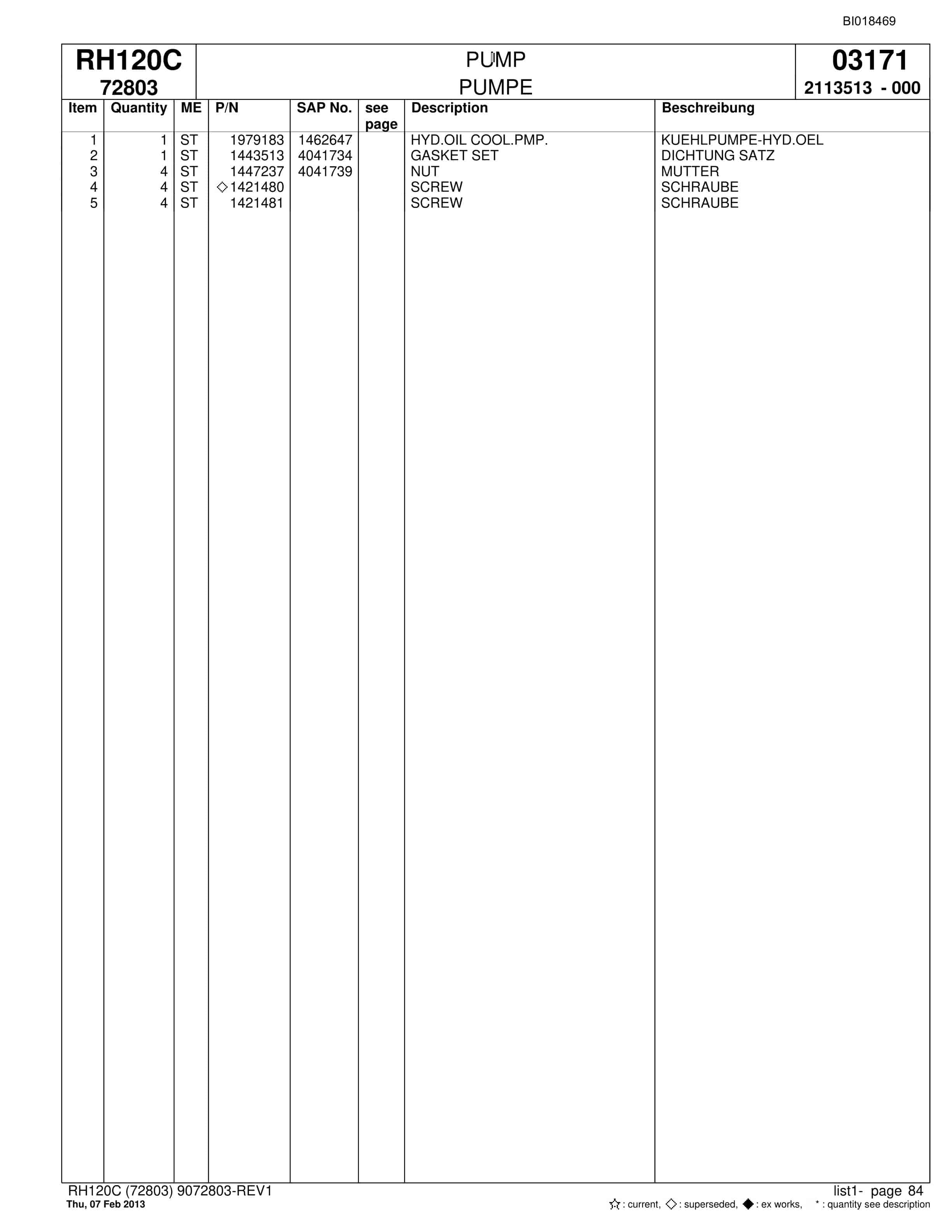 Bucyrus RH120C Hydraulic Excavator Parts Catalog BI018469-5