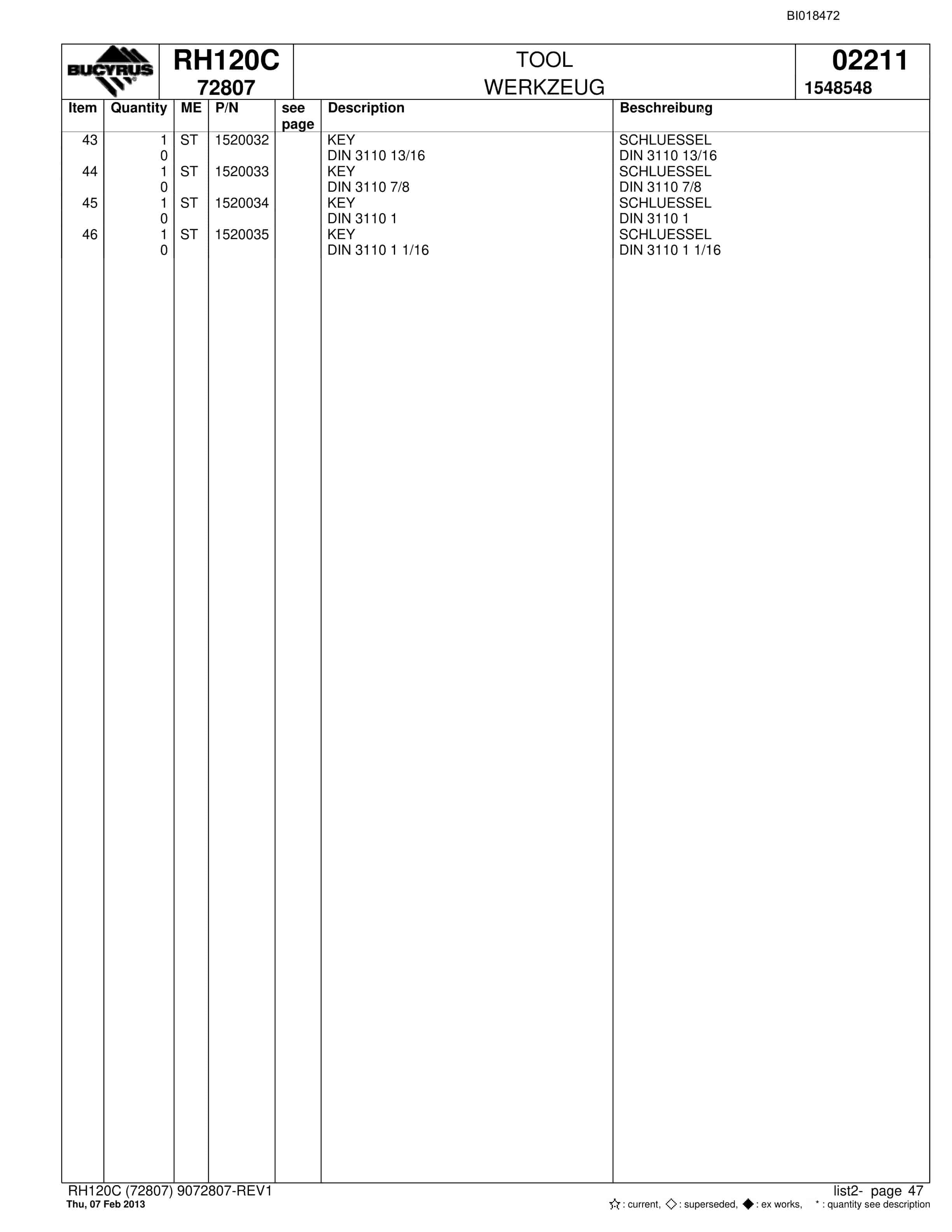 Bucyrus RH120C Hydraulic Excavator Parts Catalog BI018472-2