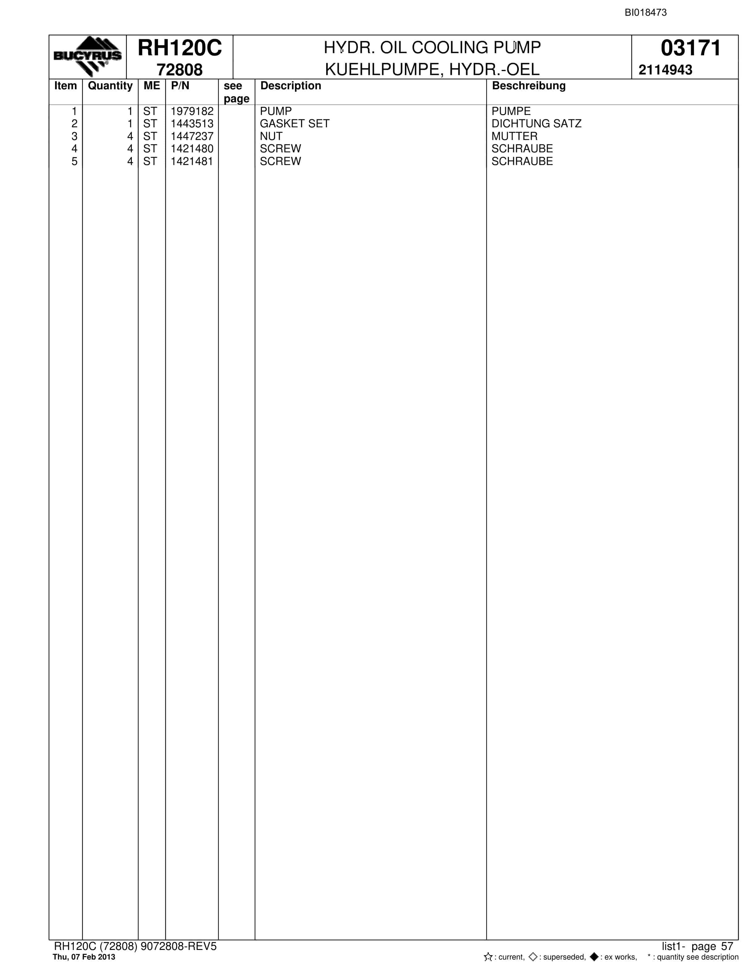 Bucyrus RH120C Hydraulic Excavator Parts Catalog BI018473-4