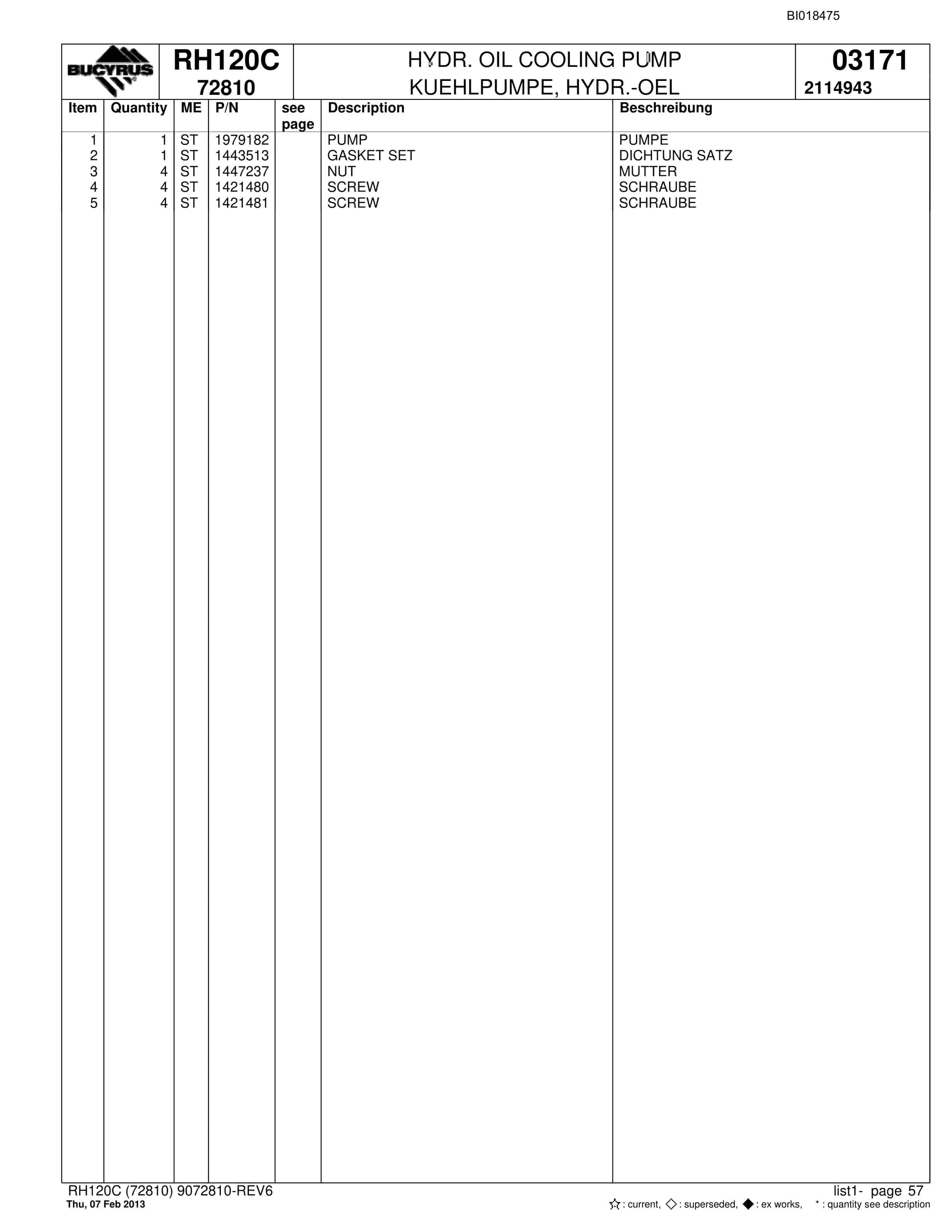 Bucyrus RH120C Hydraulic Excavator Parts Catalog BI018475-4