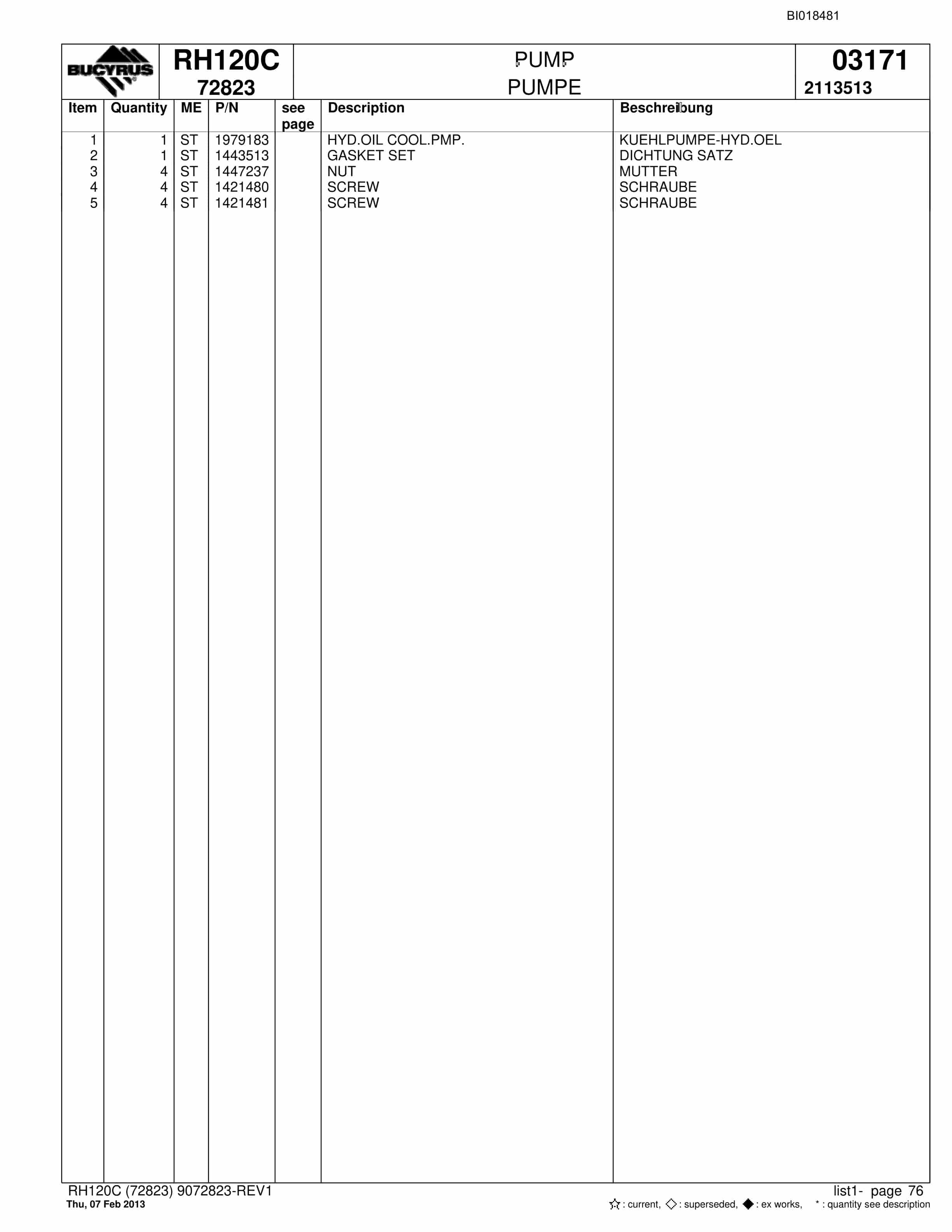 Bucyrus RH120C Hydraulic Excavator Parts Catalog BI018481-5