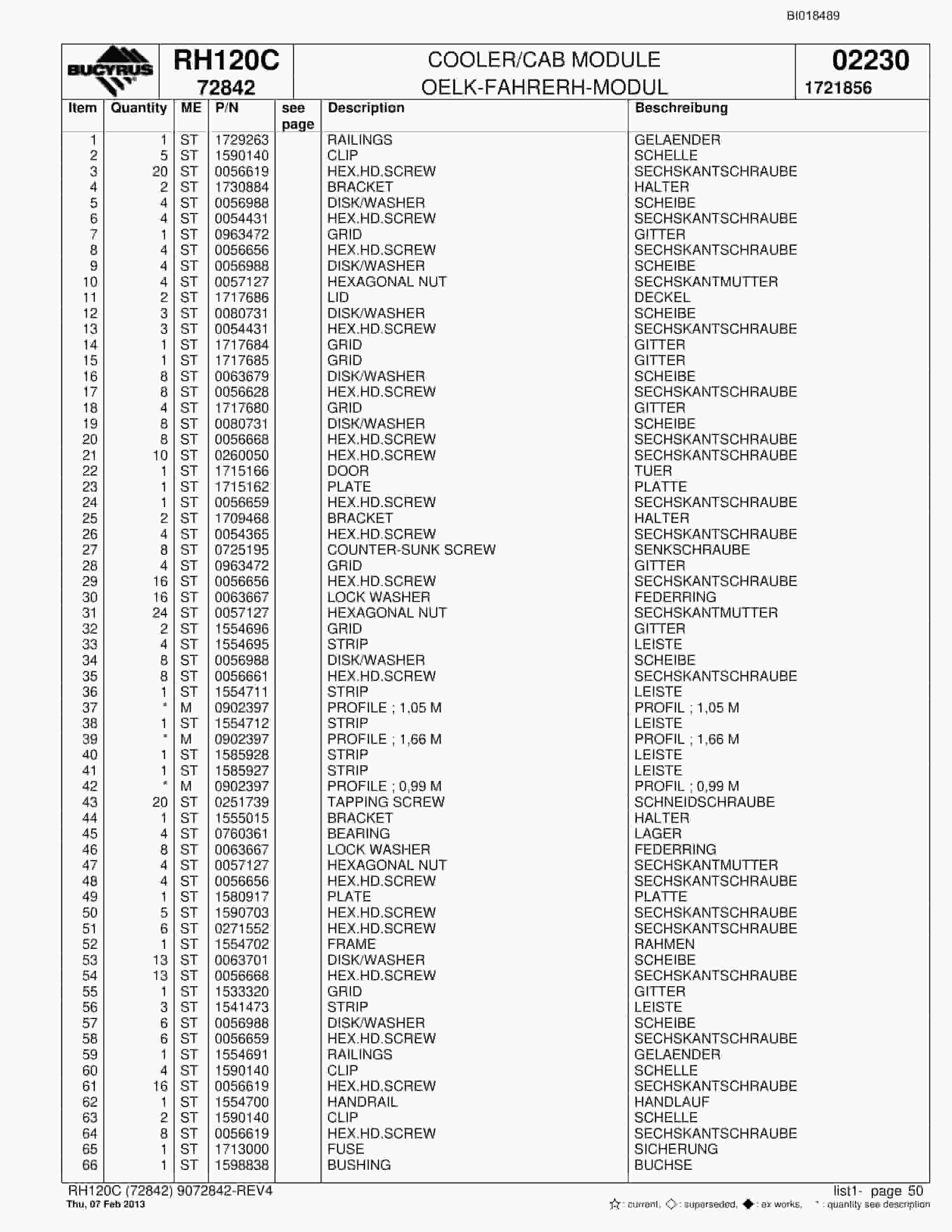 Bucyrus RH120C Hydraulic Excavator Parts Catalog BI018489-2
