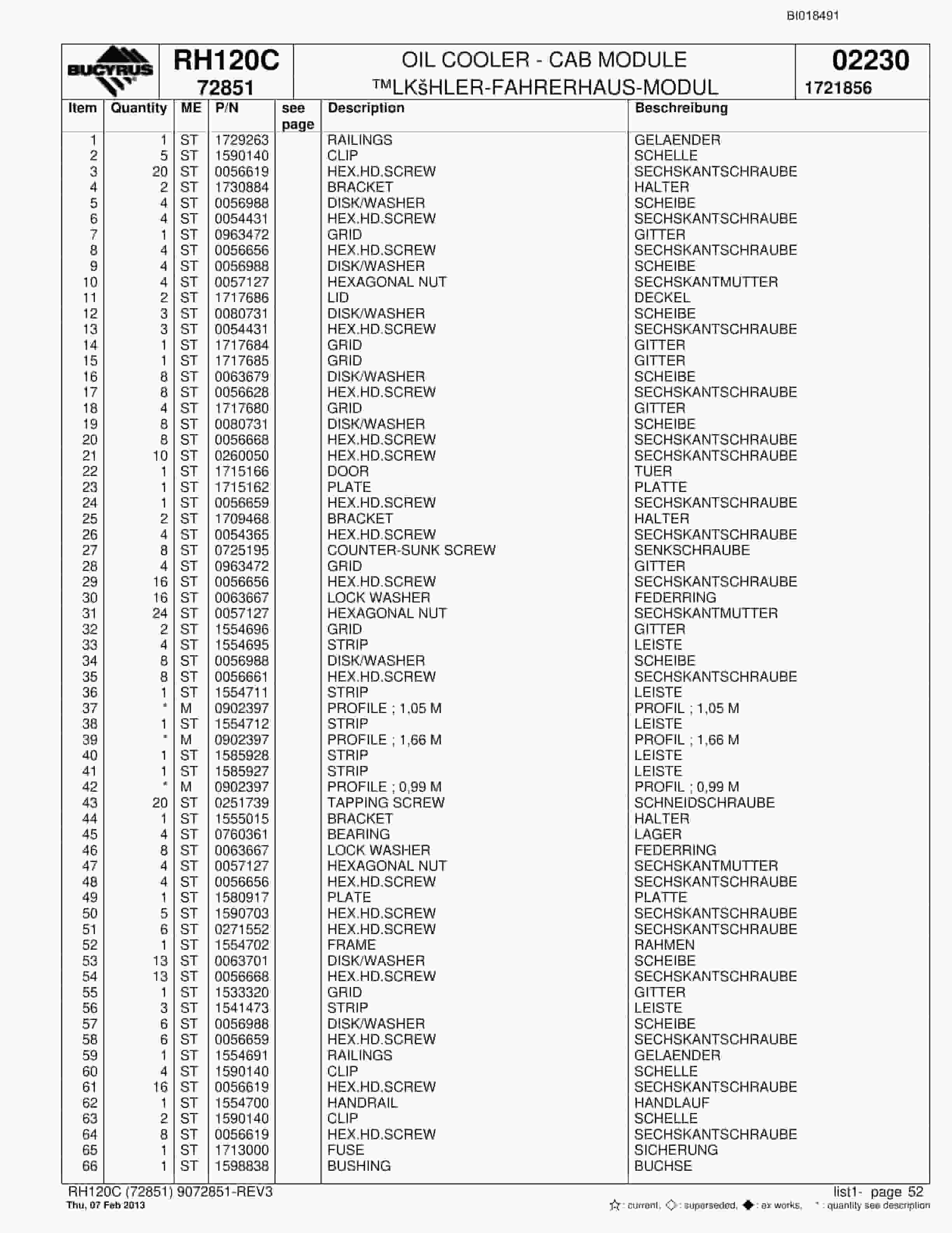 Bucyrus RH120C Hydraulic Excavator Parts Catalog BI018491-2