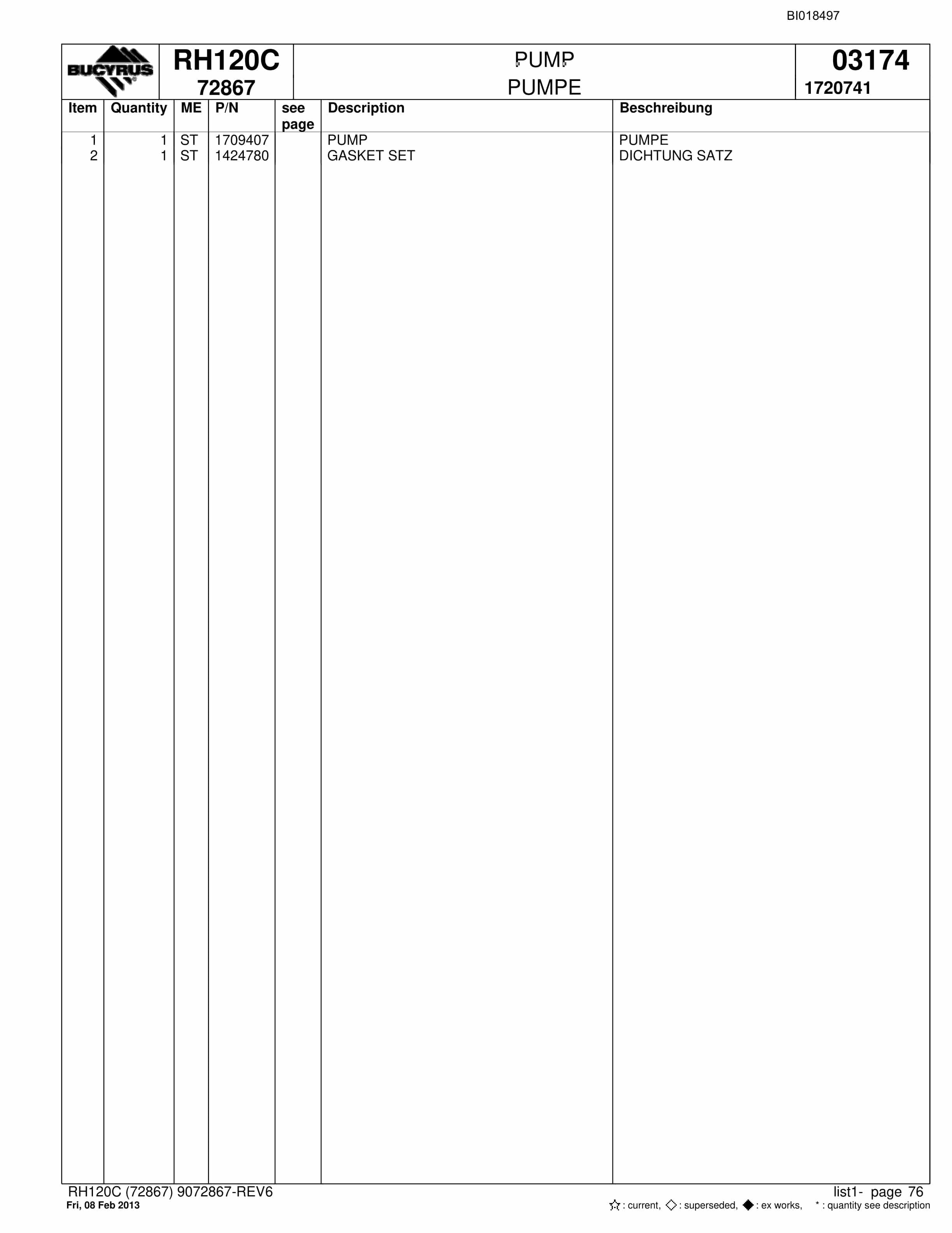 Bucyrus RH120C Hydraulic Excavator Parts Catalog BI018497-5