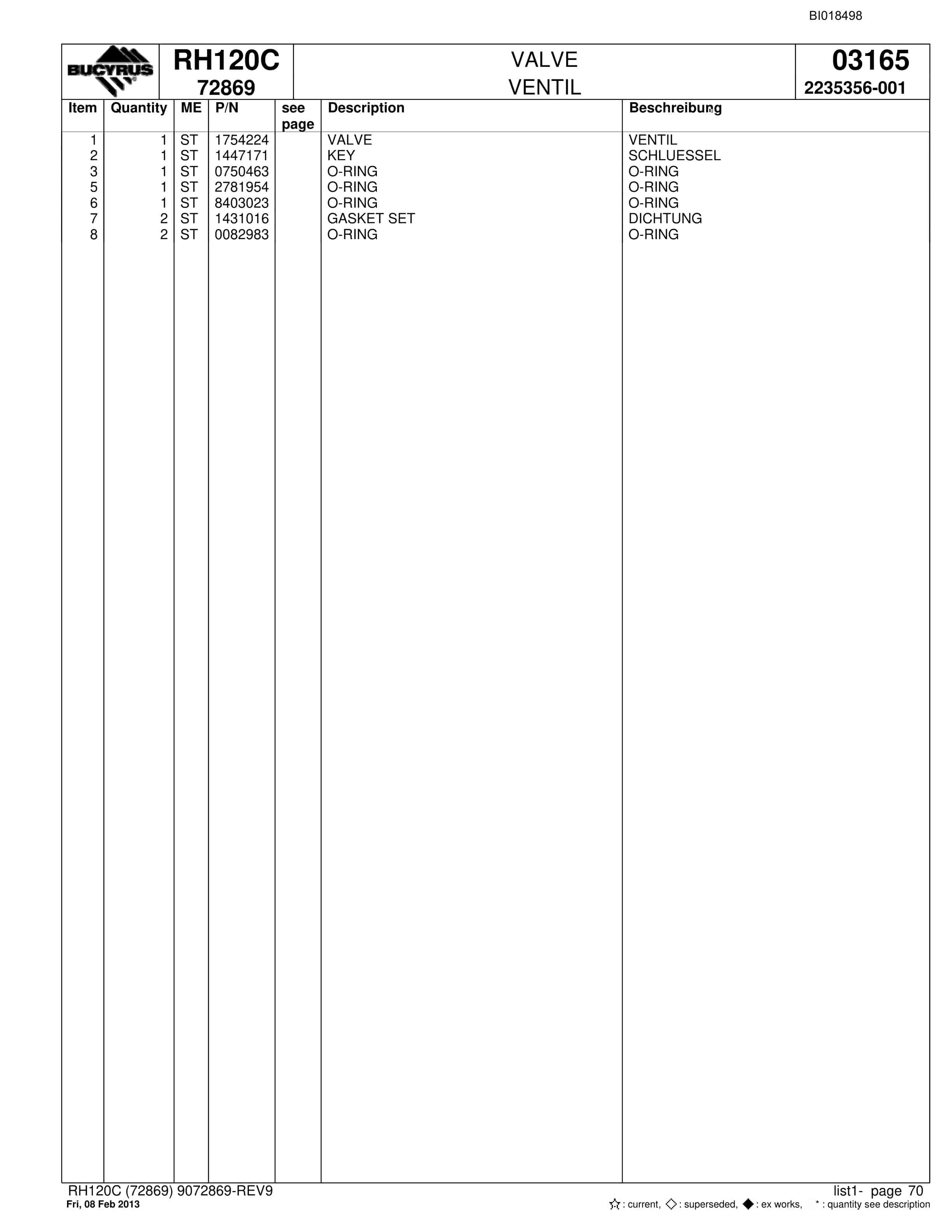 Bucyrus RH120C Hydraulic Excavator Parts Catalog BI018498-4