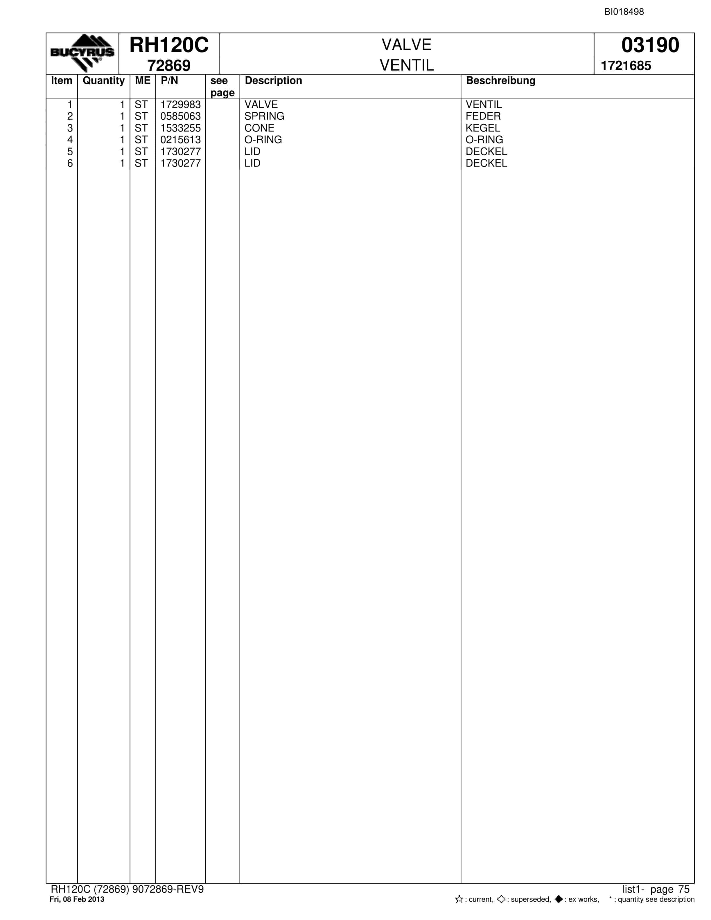 Bucyrus RH120C Hydraulic Excavator Parts Catalog BI018498-5