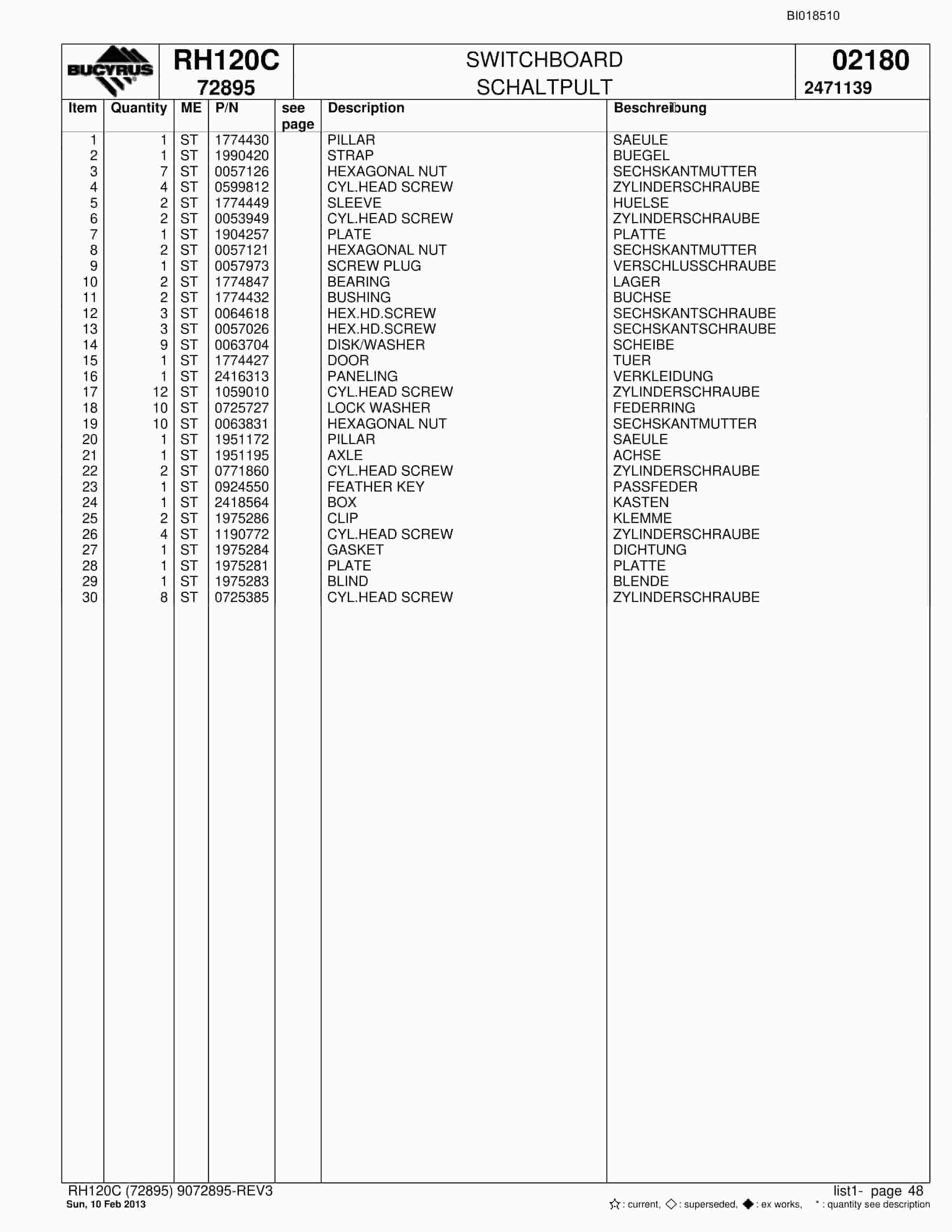 Bucyrus RH120C Hydraulic Excavator Parts Catalog BI018510-2