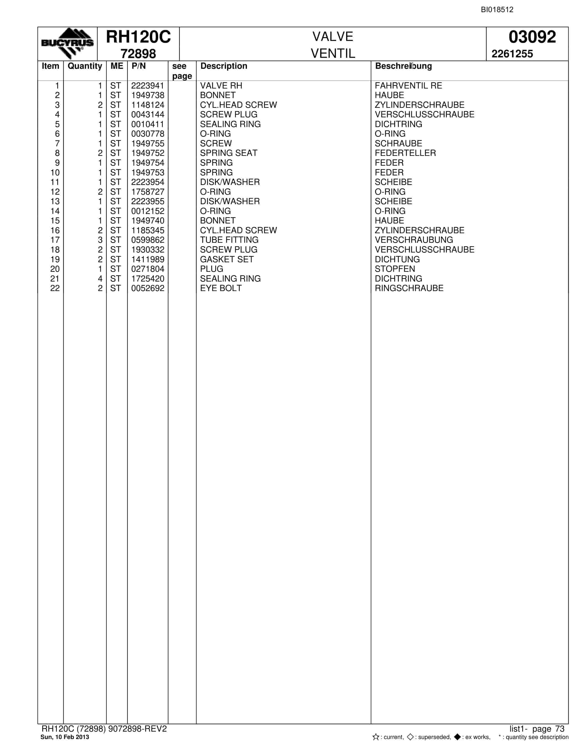 Bucyrus RH120C Hydraulic Excavator Parts Catalog BI018512-4