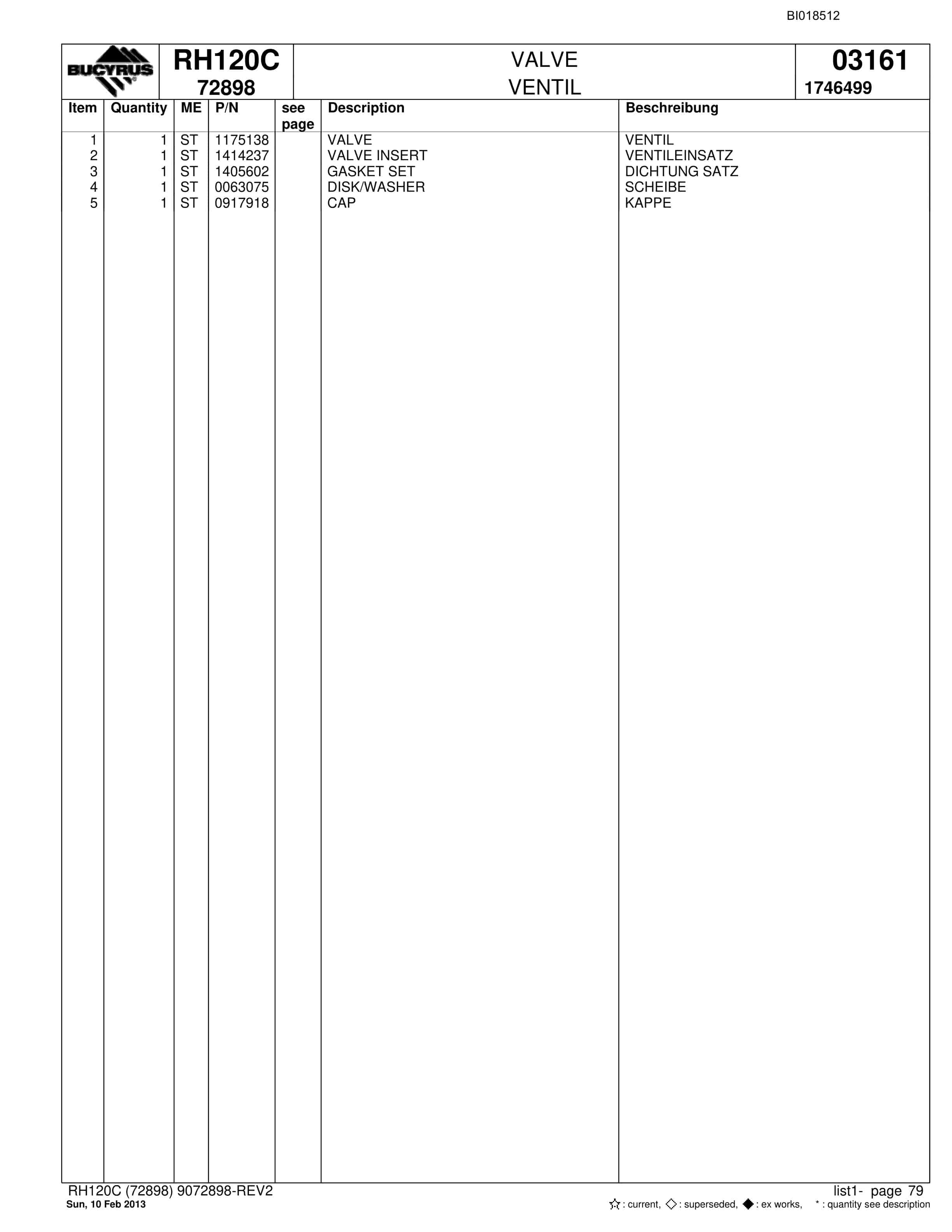 Bucyrus RH120C Hydraulic Excavator Parts Catalog BI018512-5