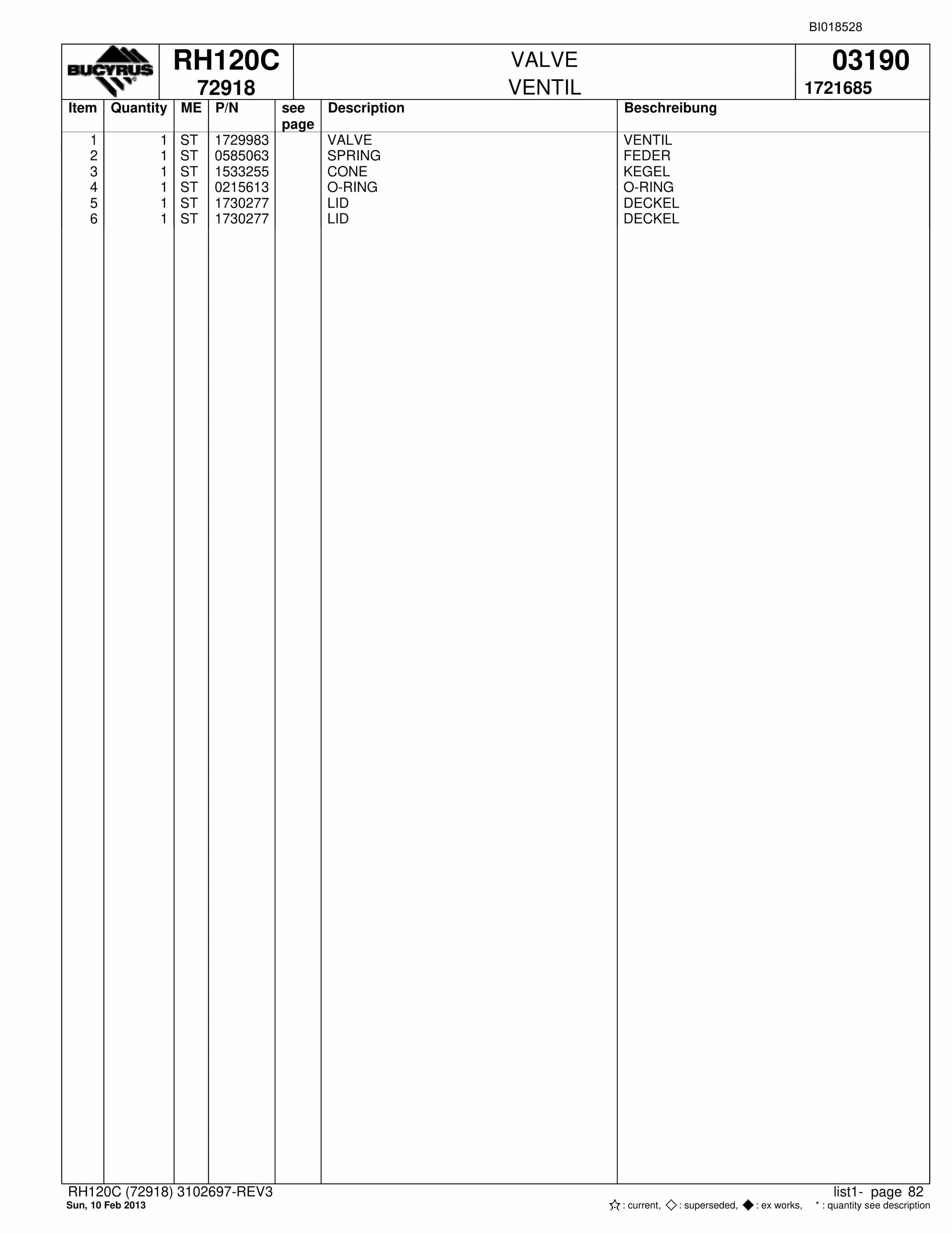 Bucyrus RH120C Hydraulic Excavator Parts Catalog BI018528-5