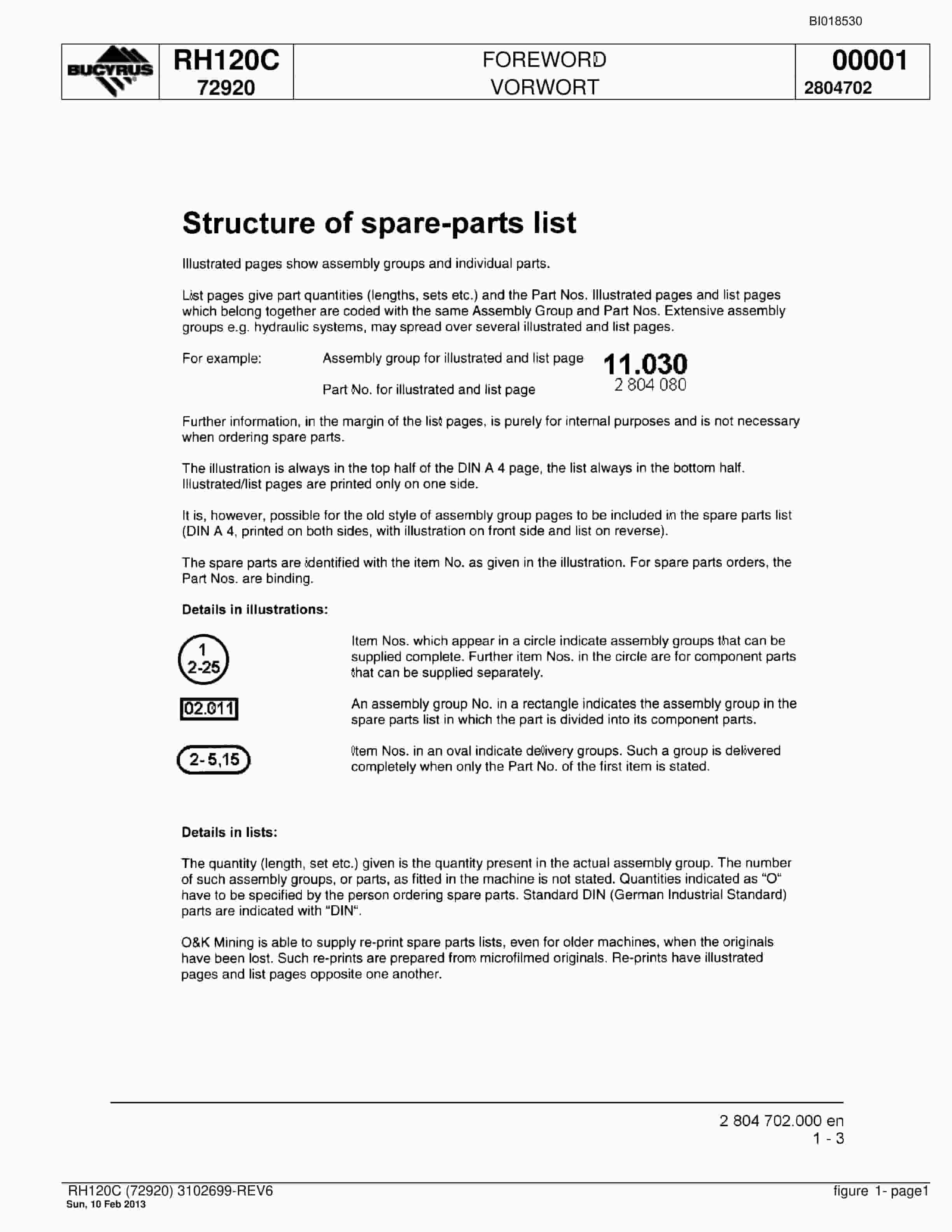 Bucyrus RH120C Hydraulic Excavator Parts Catalog BI018530