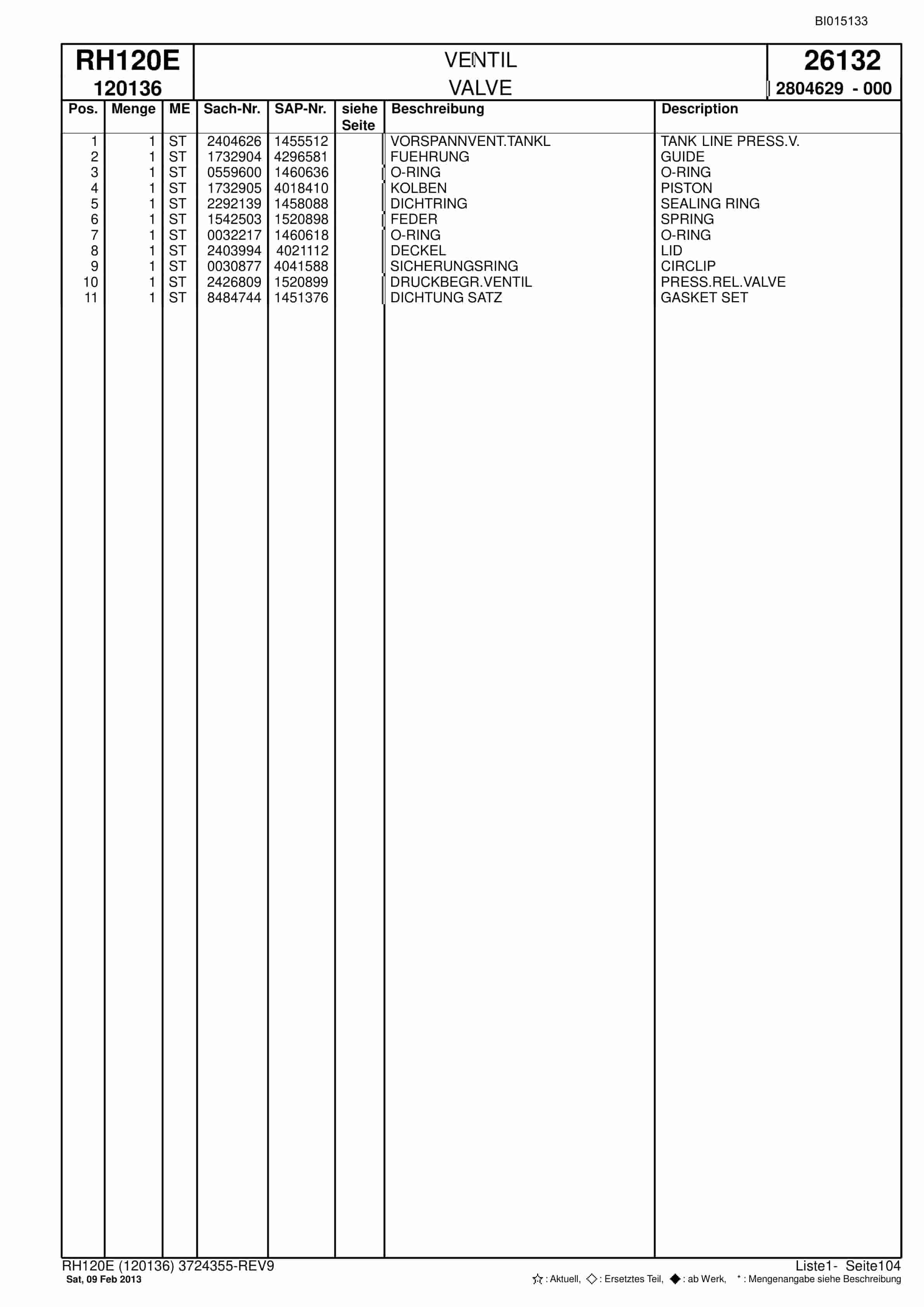 Bucyrus RH120E Hydraulic Excavator Parts Catalog BI015133-3
