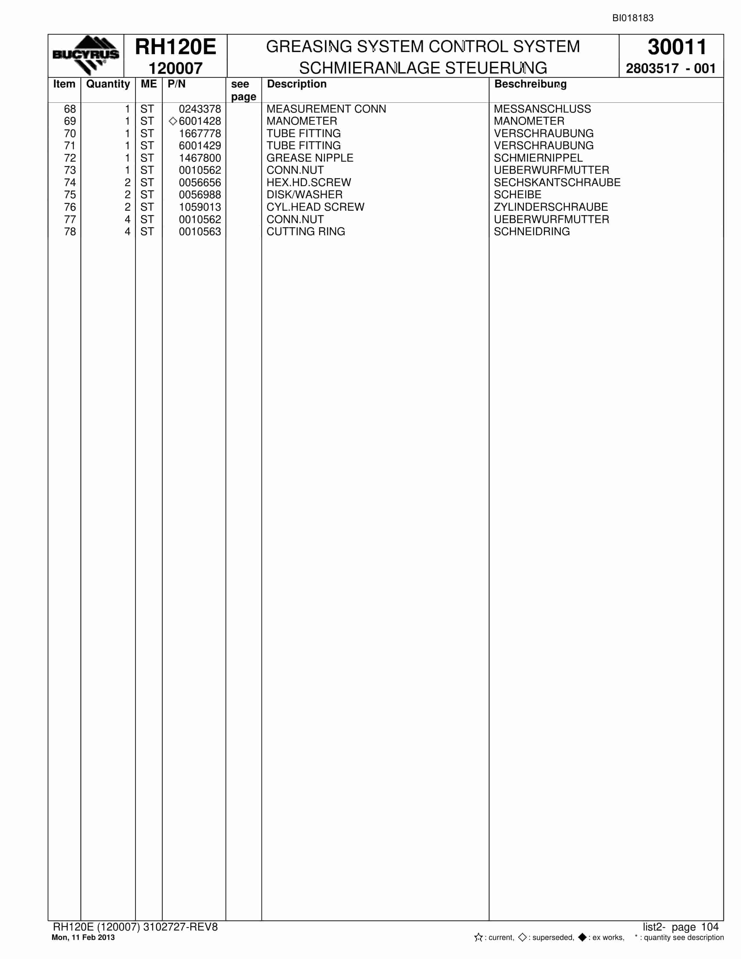 Bucyrus RH120E Hydraulic Excavator Parts Catalog BI018183-4