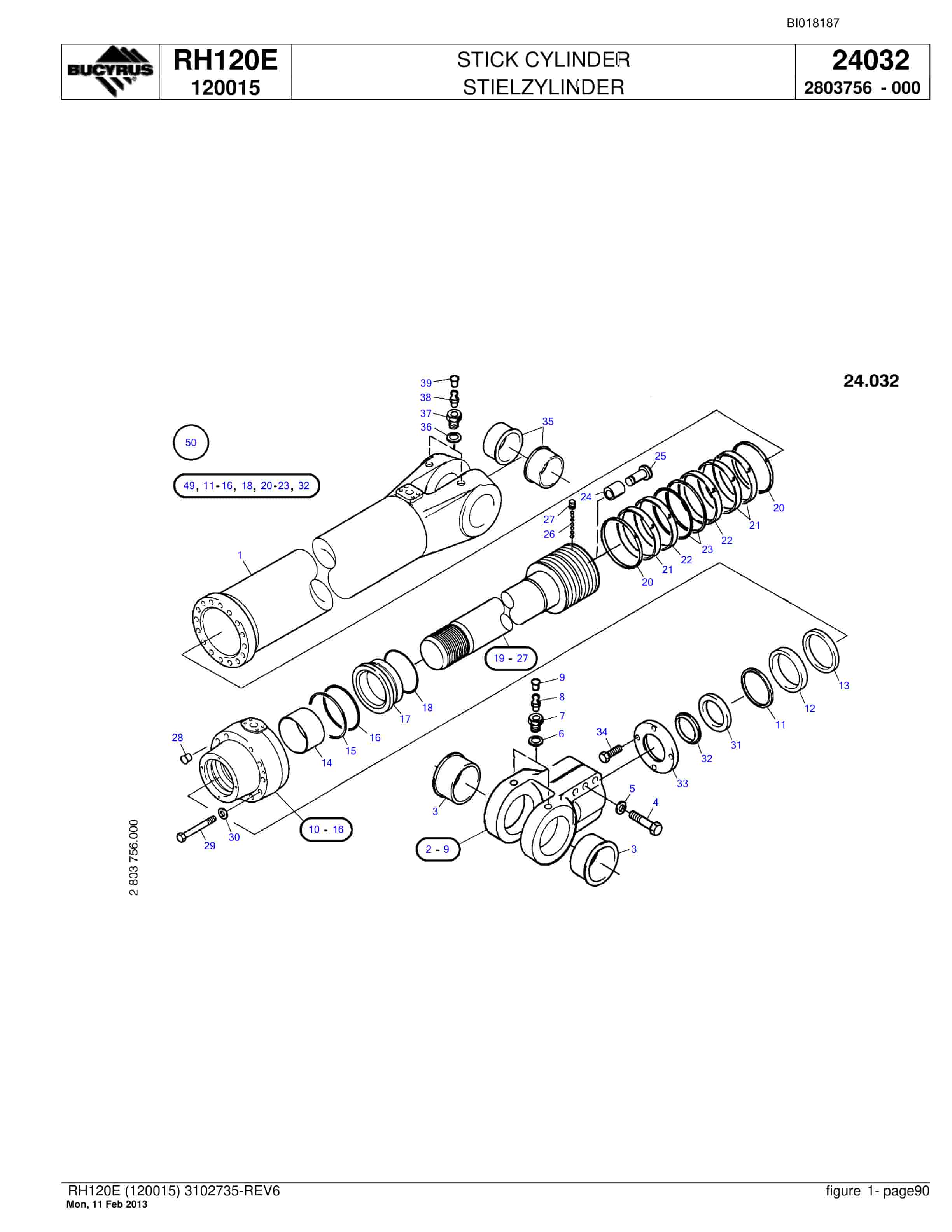 Bucyrus RH120E Hydraulic Excavator Parts Catalog BI018187-3