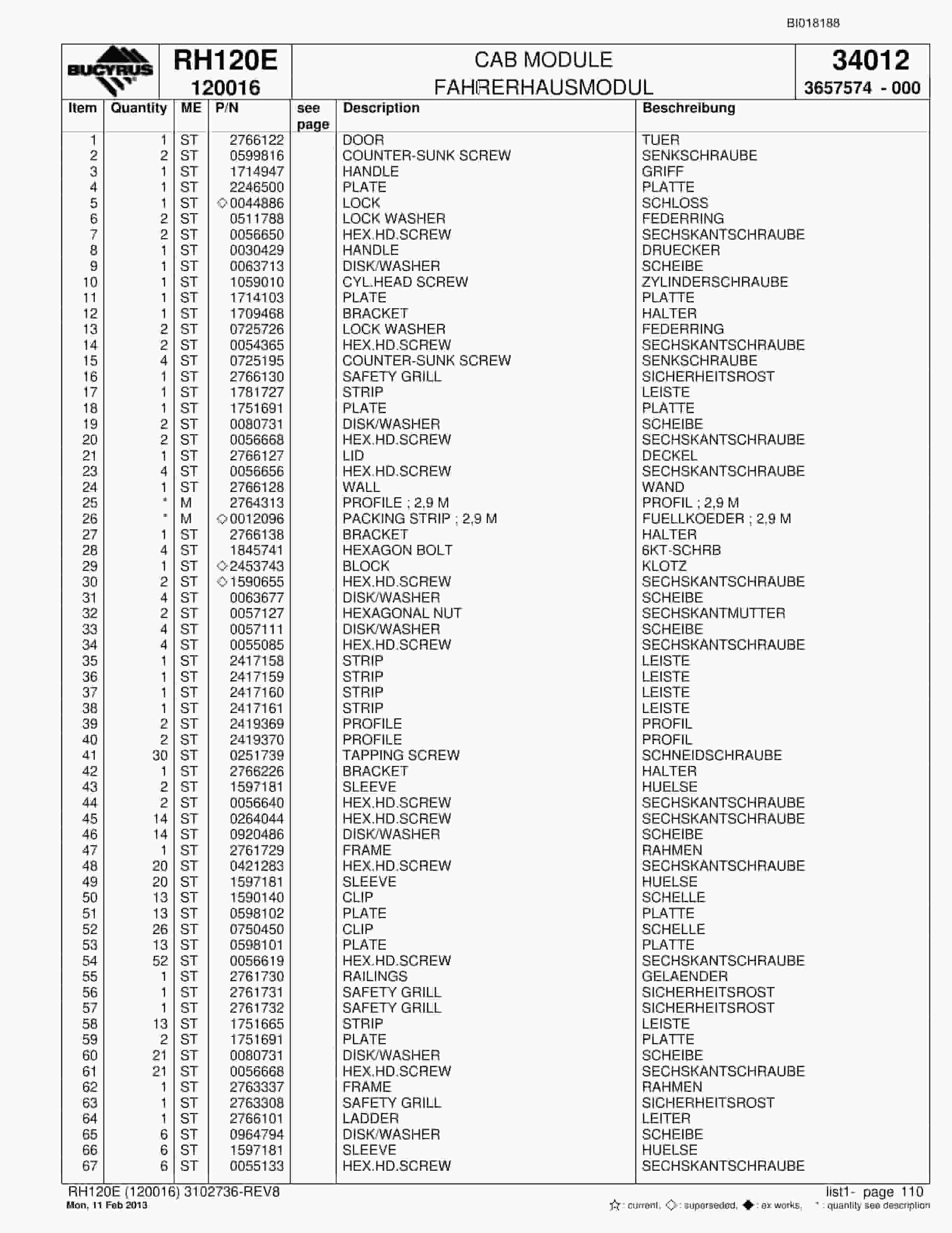 Bucyrus RH120E Hydraulic Excavator Parts Catalog BI018188-5