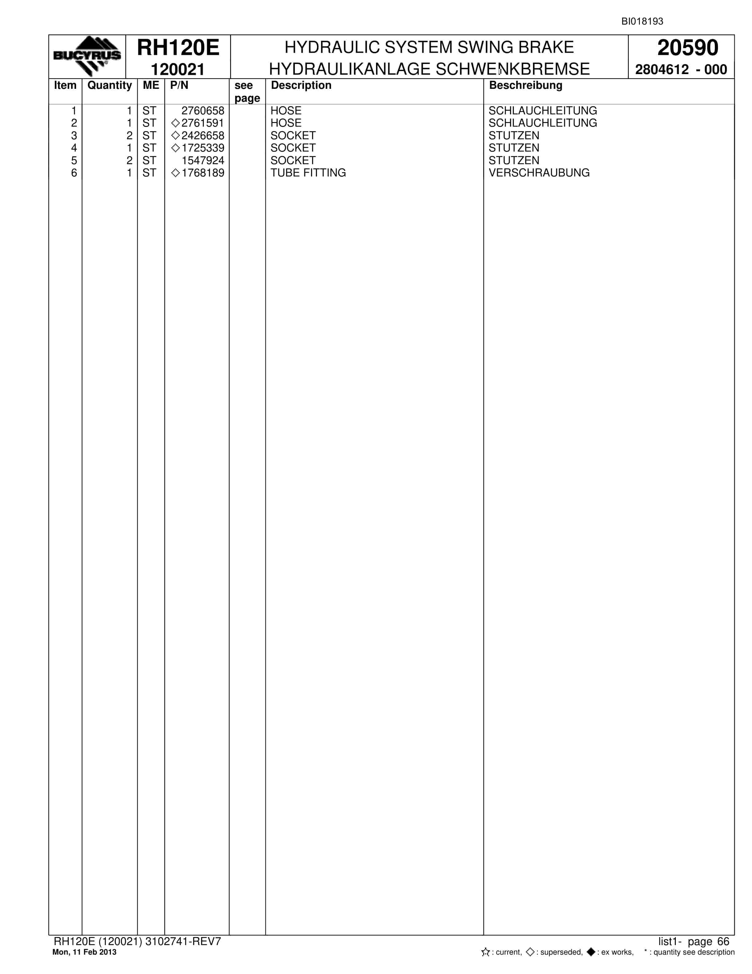 Bucyrus RH120E Hydraulic Excavator Parts Catalog BI018193-2