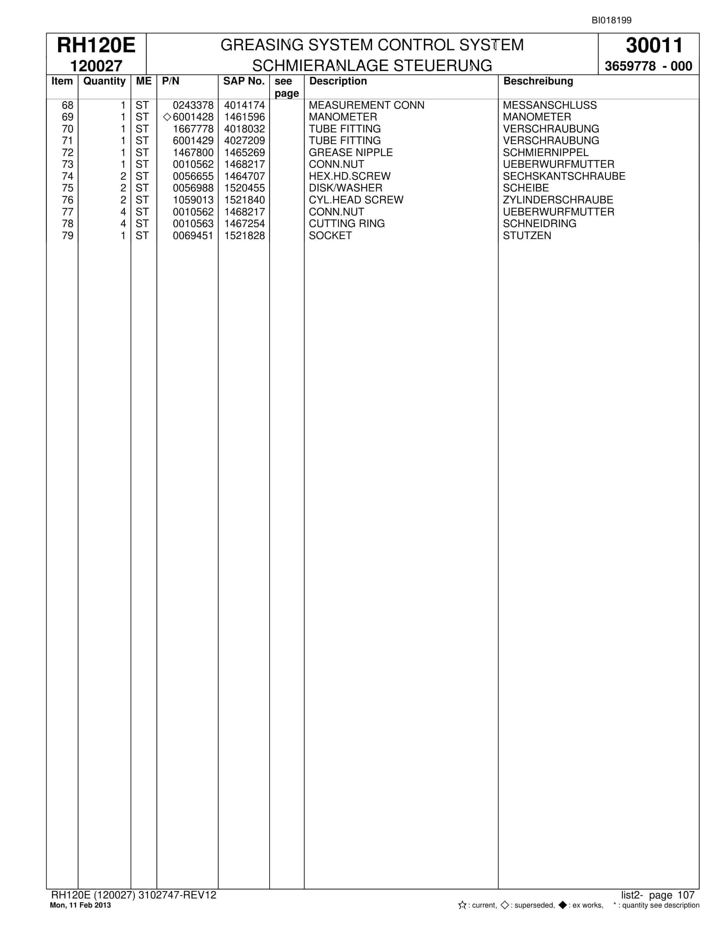 Bucyrus RH120E Hydraulic Excavator Parts Catalog BI018199-4