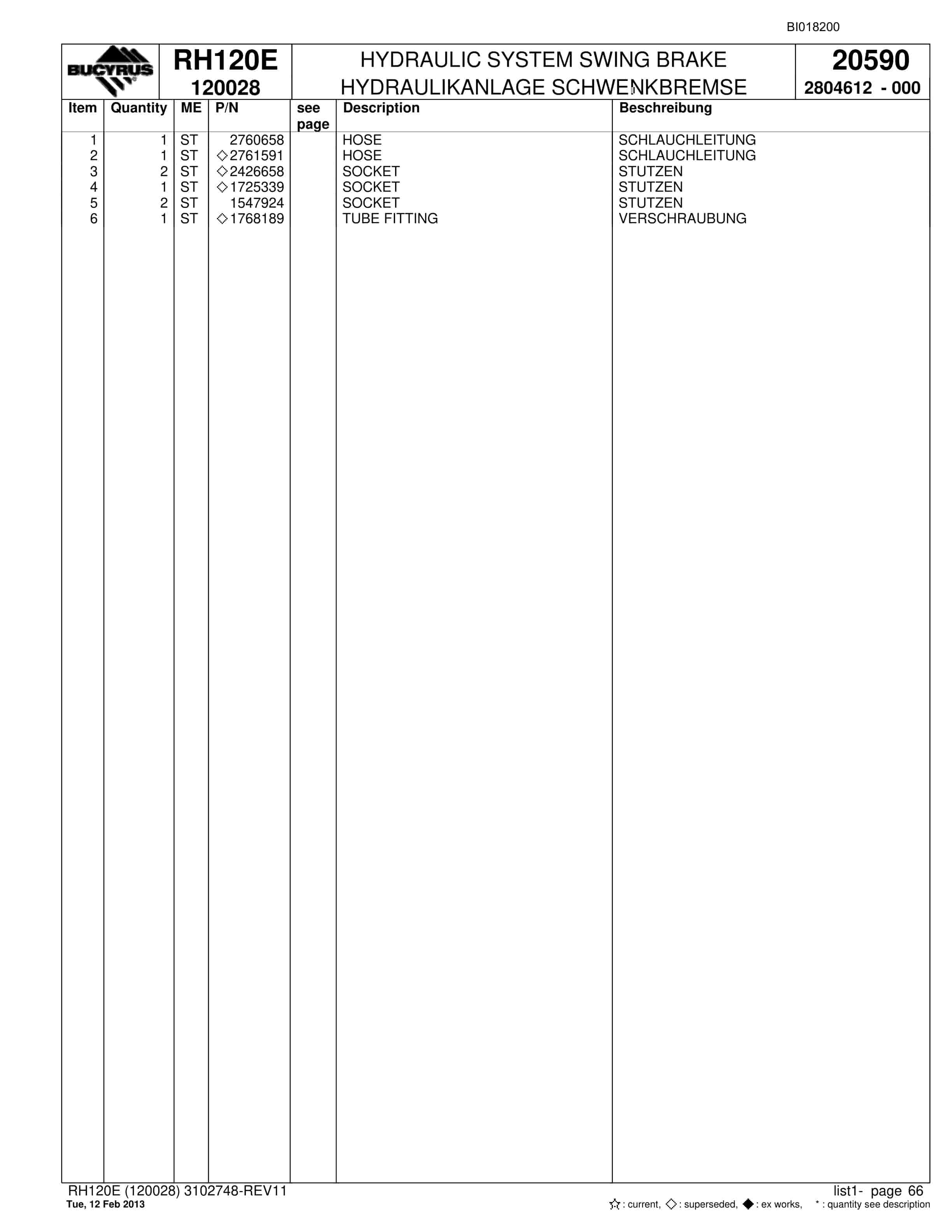 Bucyrus RH120E Hydraulic Excavator Parts Catalog BI018200-2