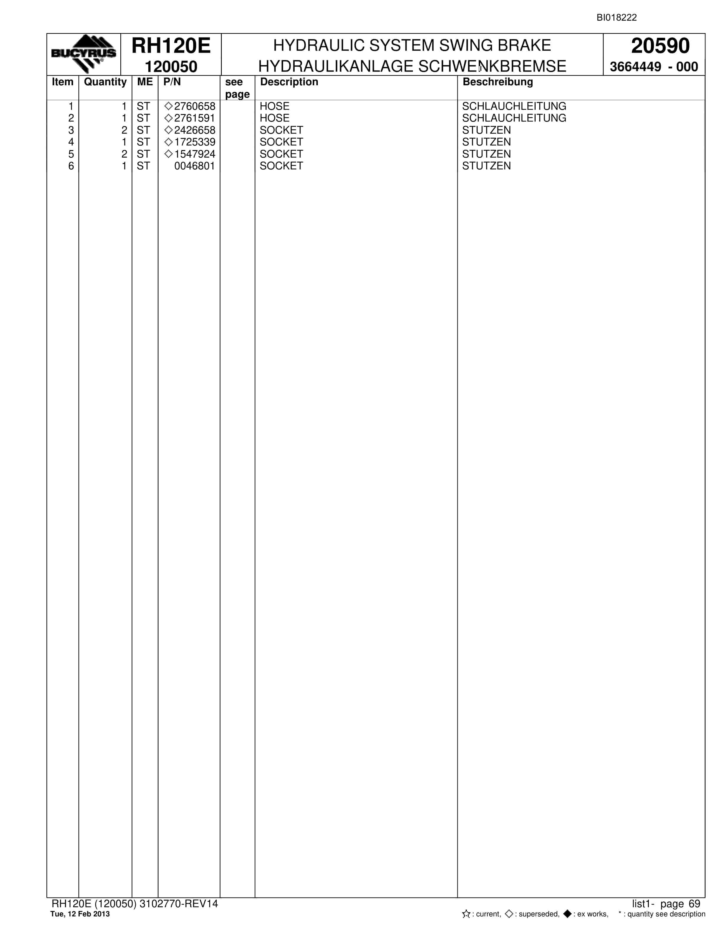 Bucyrus RH120E Hydraulic Excavator Parts Catalog BI018222-2