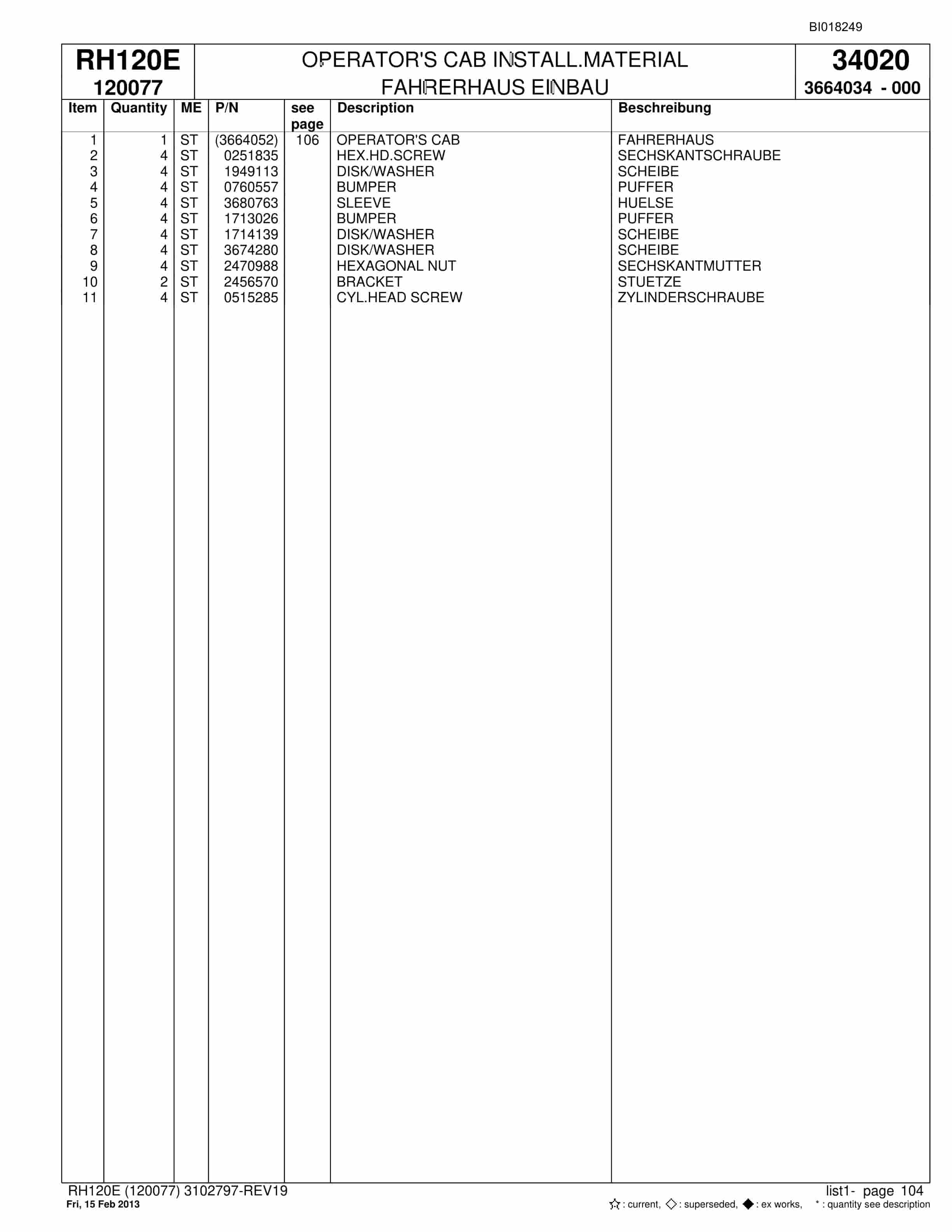 Bucyrus RH120E Hydraulic Excavator Parts Catalog BI018249-5