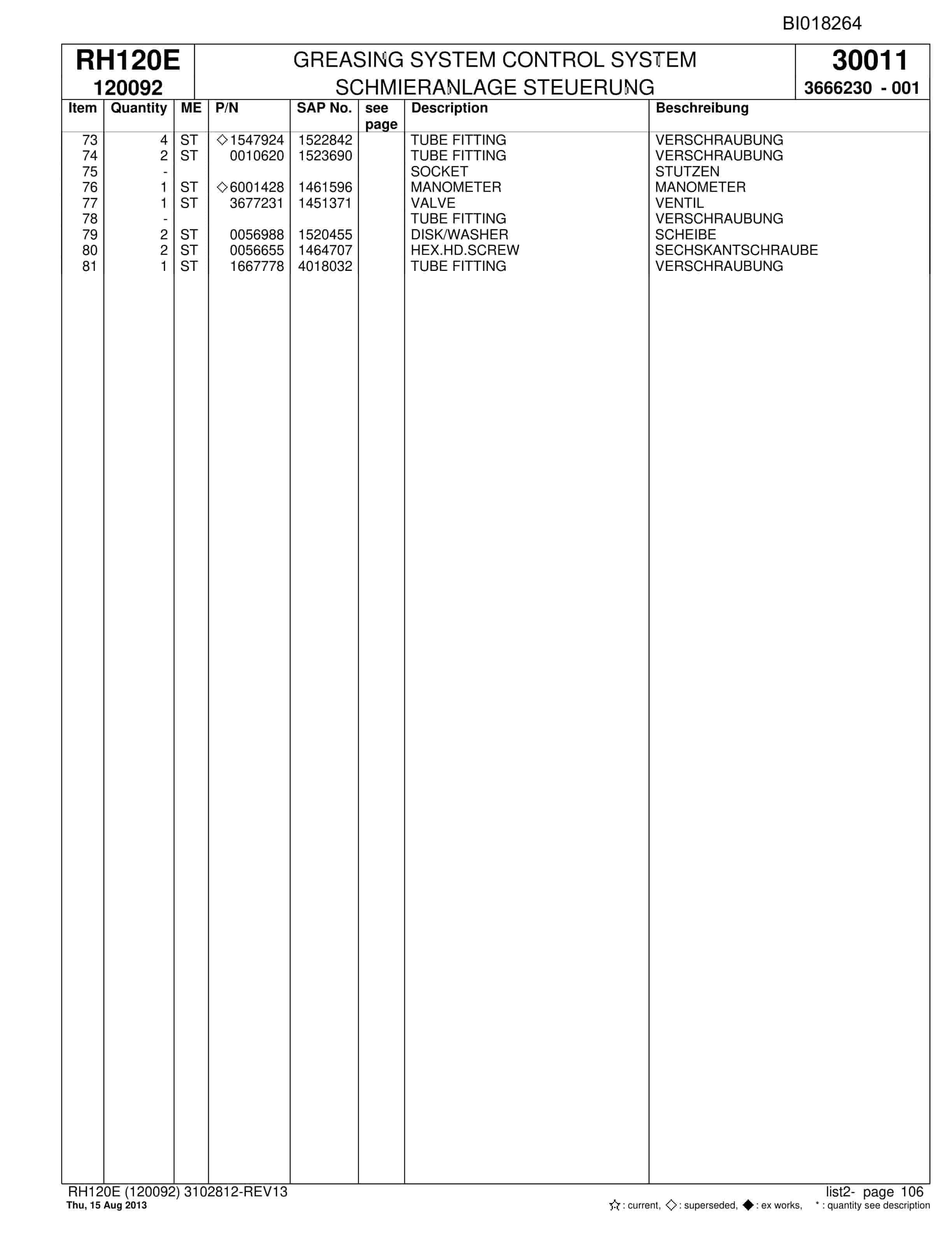 Bucyrus RH120E Hydraulic Excavator Parts Catalog BI018264-4