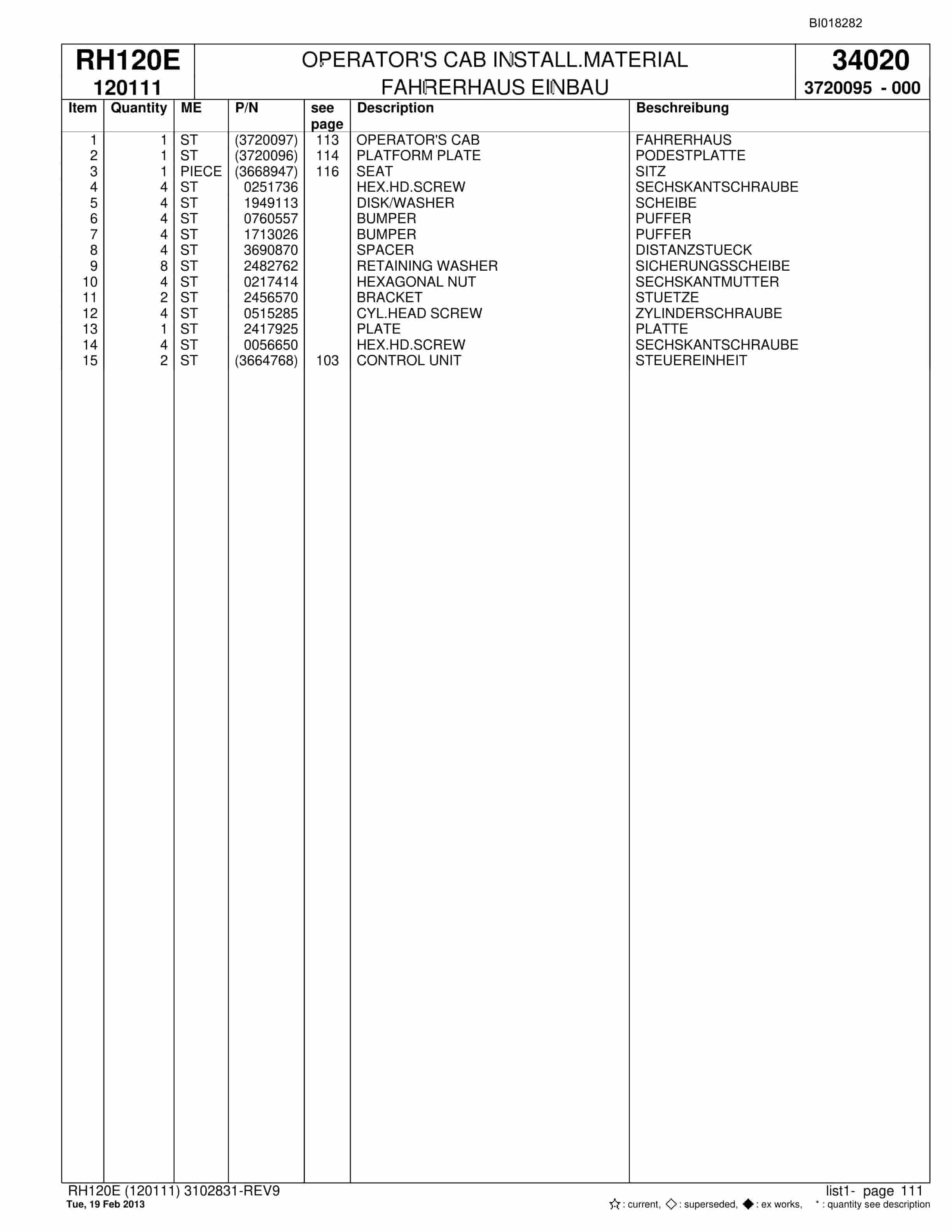 Bucyrus RH120E Hydraulic Excavator Parts Catalog BI018282-5