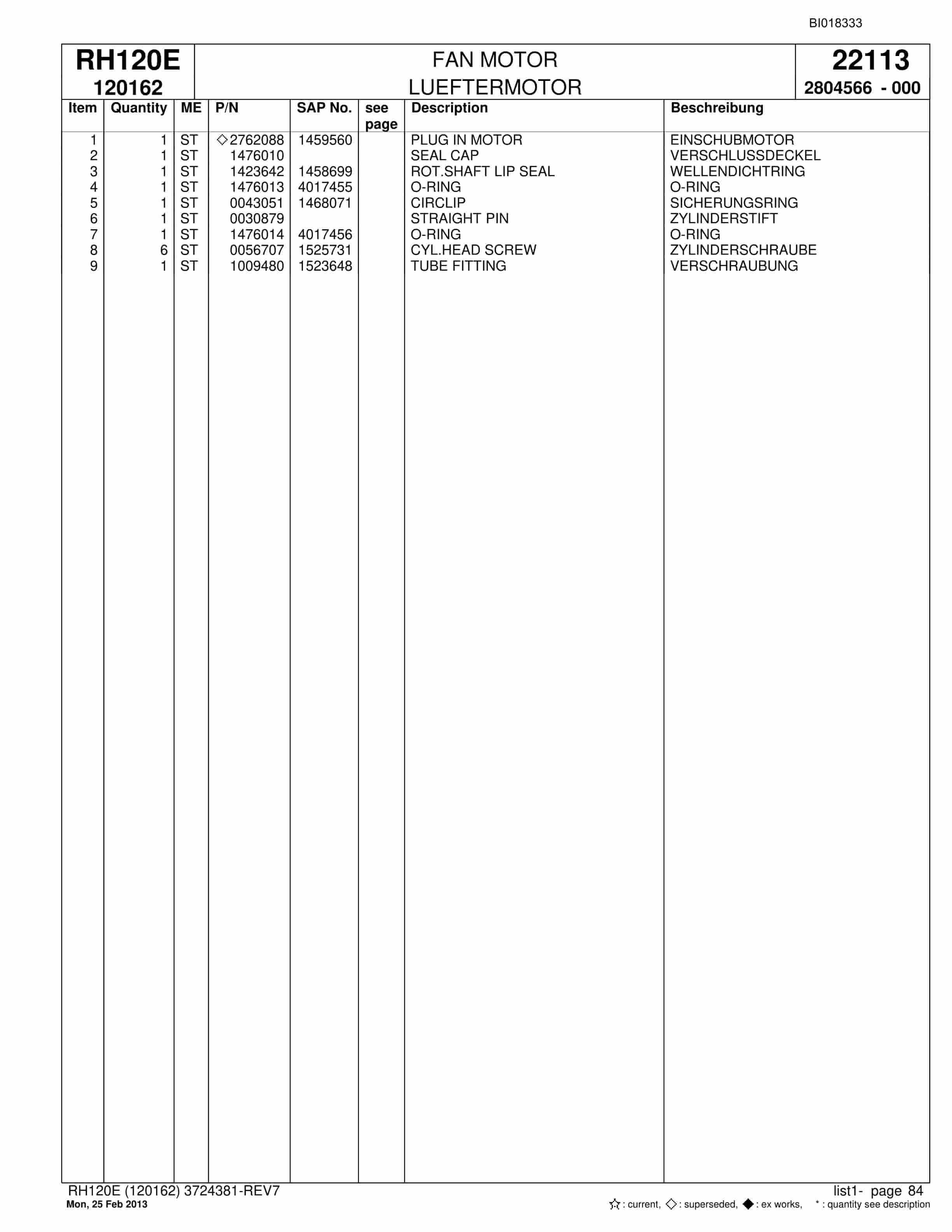 Bucyrus RH120E Hydraulic Excavator Parts Catalog BI018333-2
