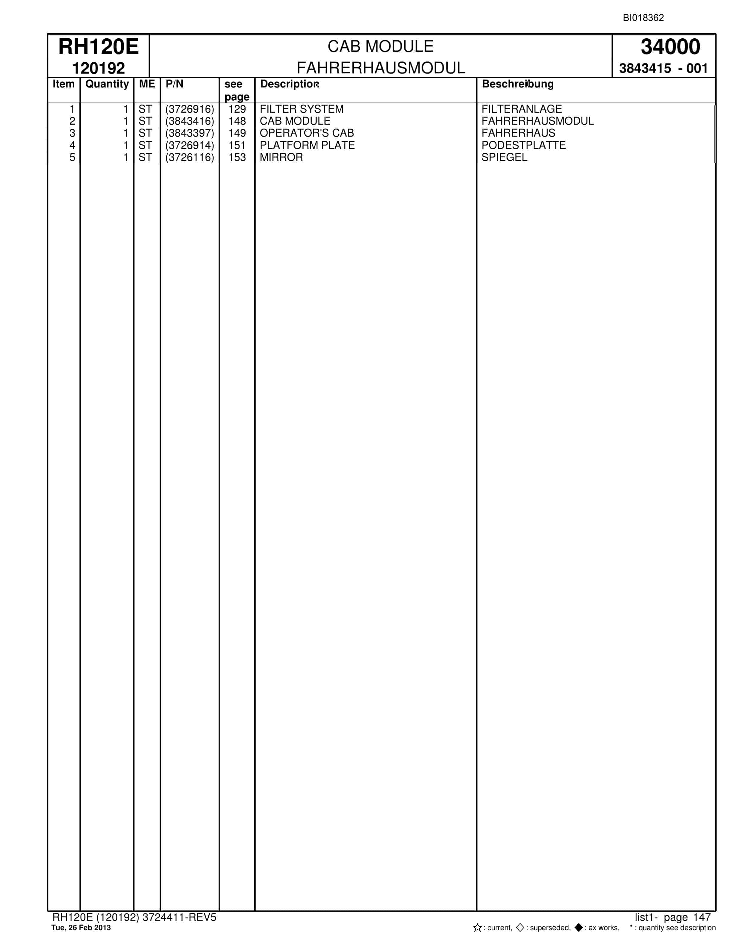 Bucyrus RH120E Hydraulic Excavator Parts Catalog BI018362-5