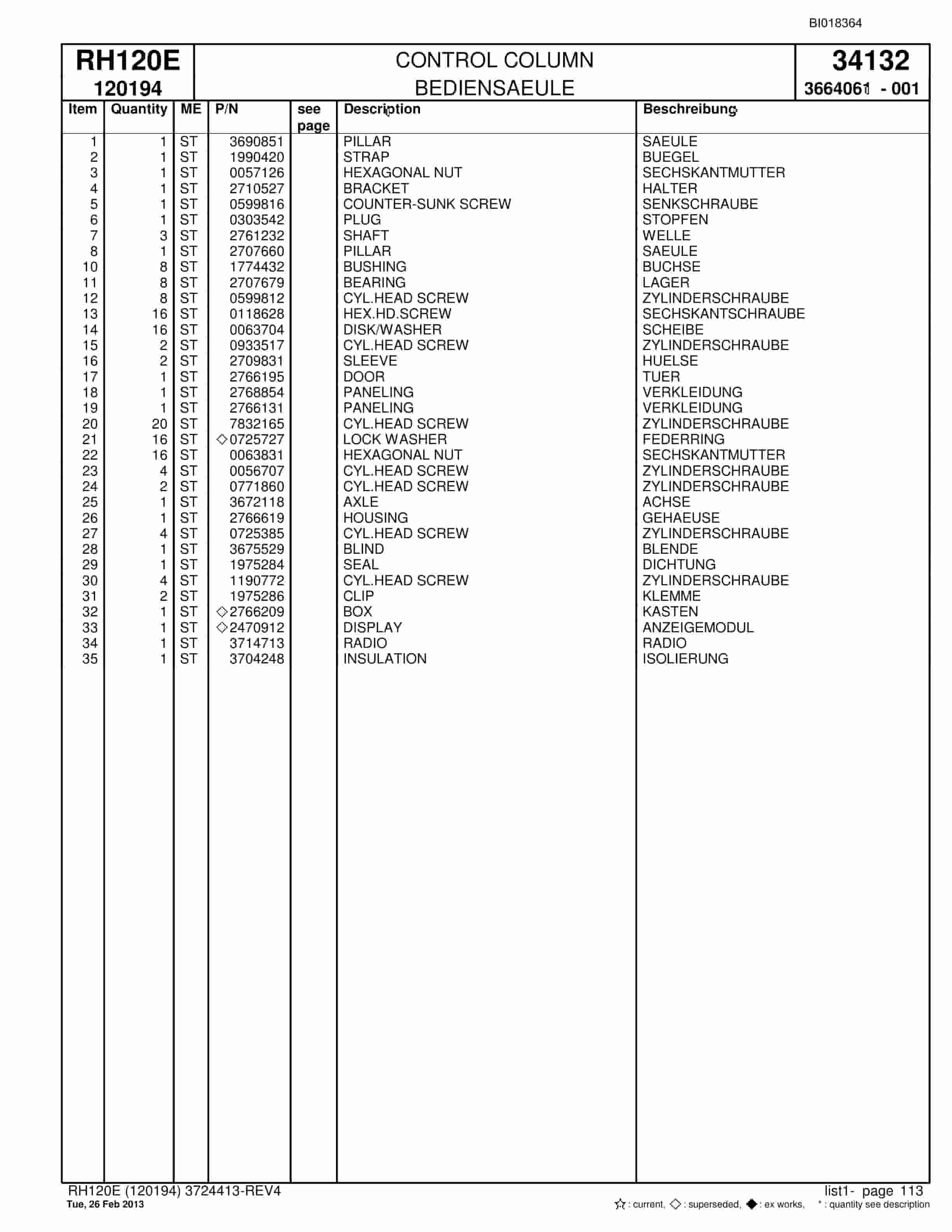 Bucyrus RH120E Hydraulic Excavator Parts Catalog BI018364-5