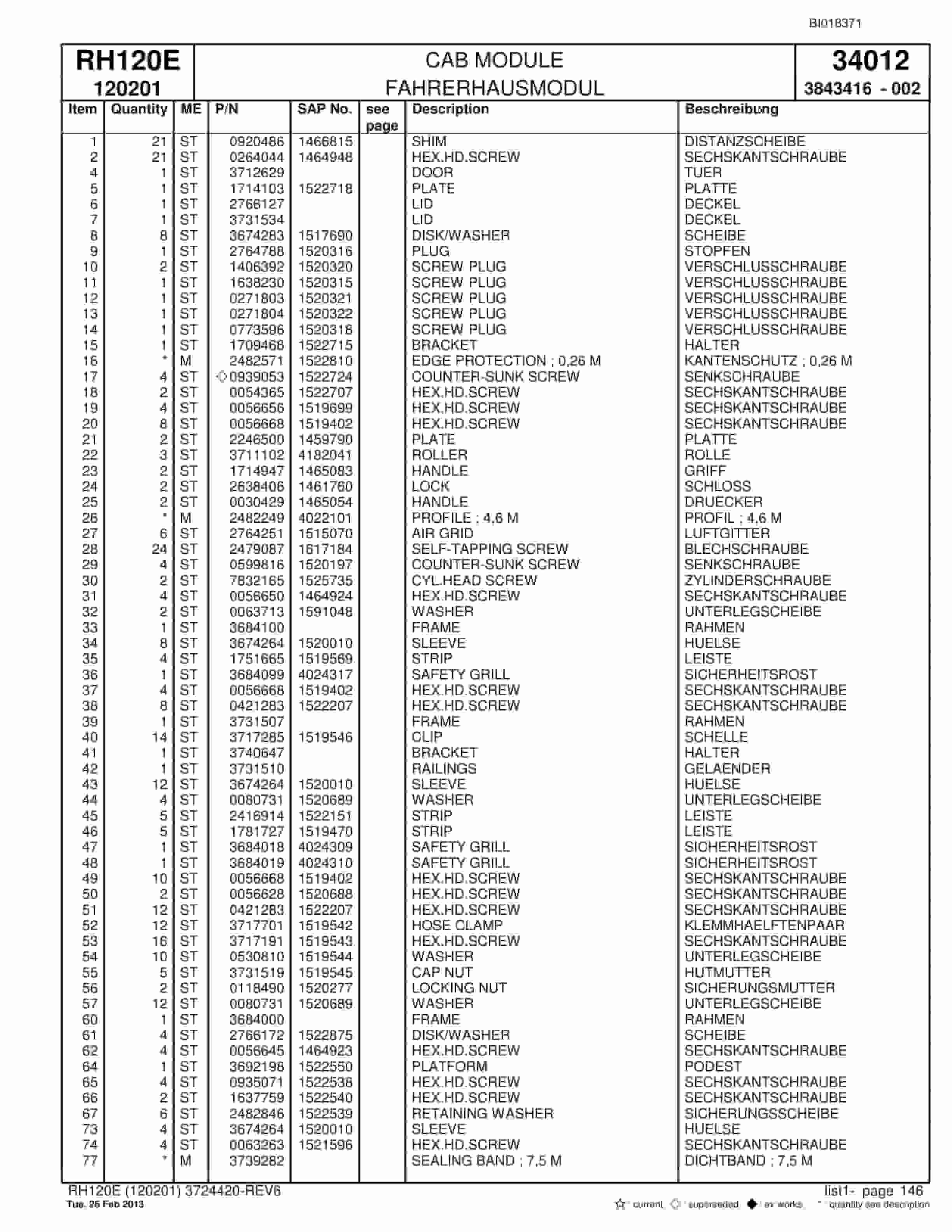 Bucyrus RH120E Hydraulic Excavator Parts Catalog BI018371-5