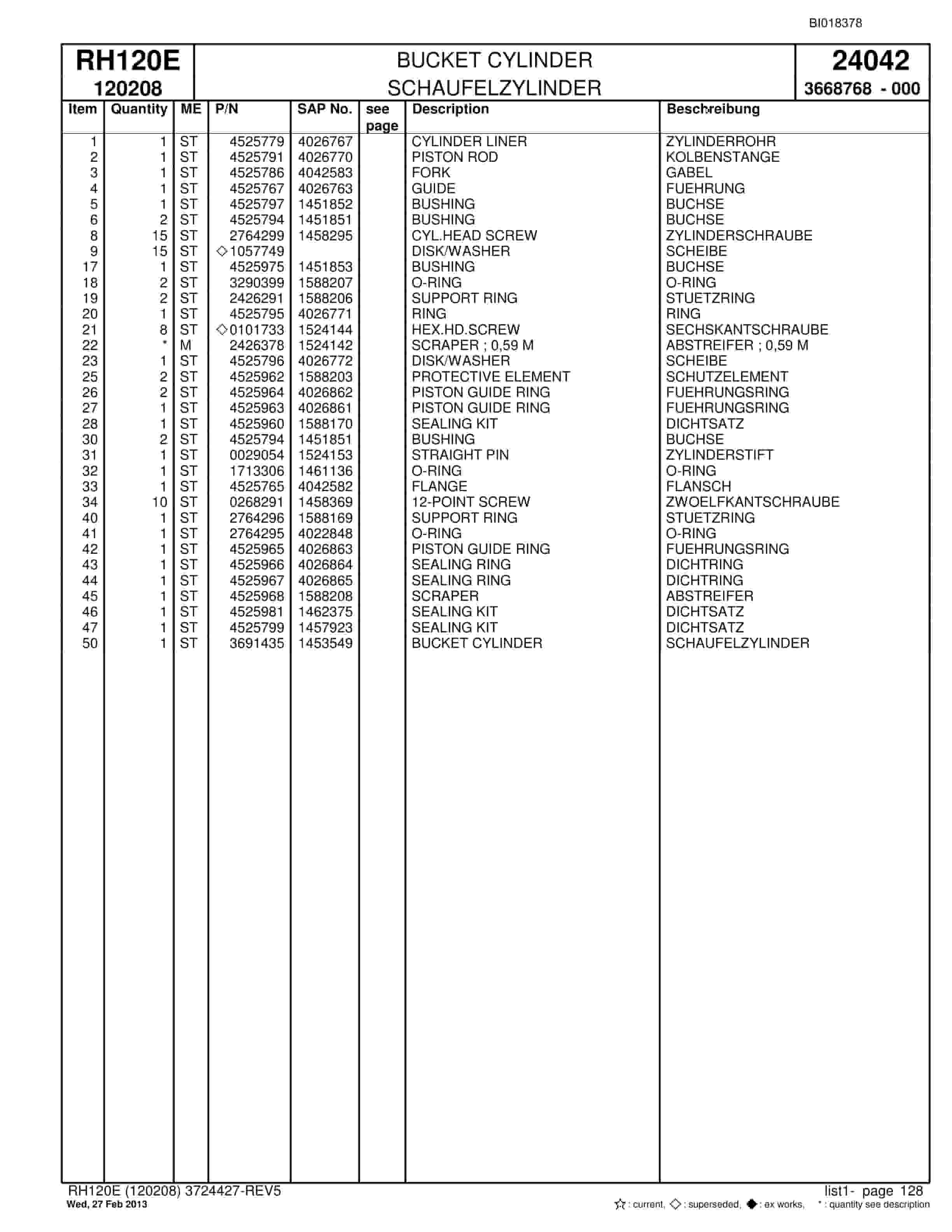 Bucyrus RH120E Hydraulic Excavator Parts Catalog BI018378-3