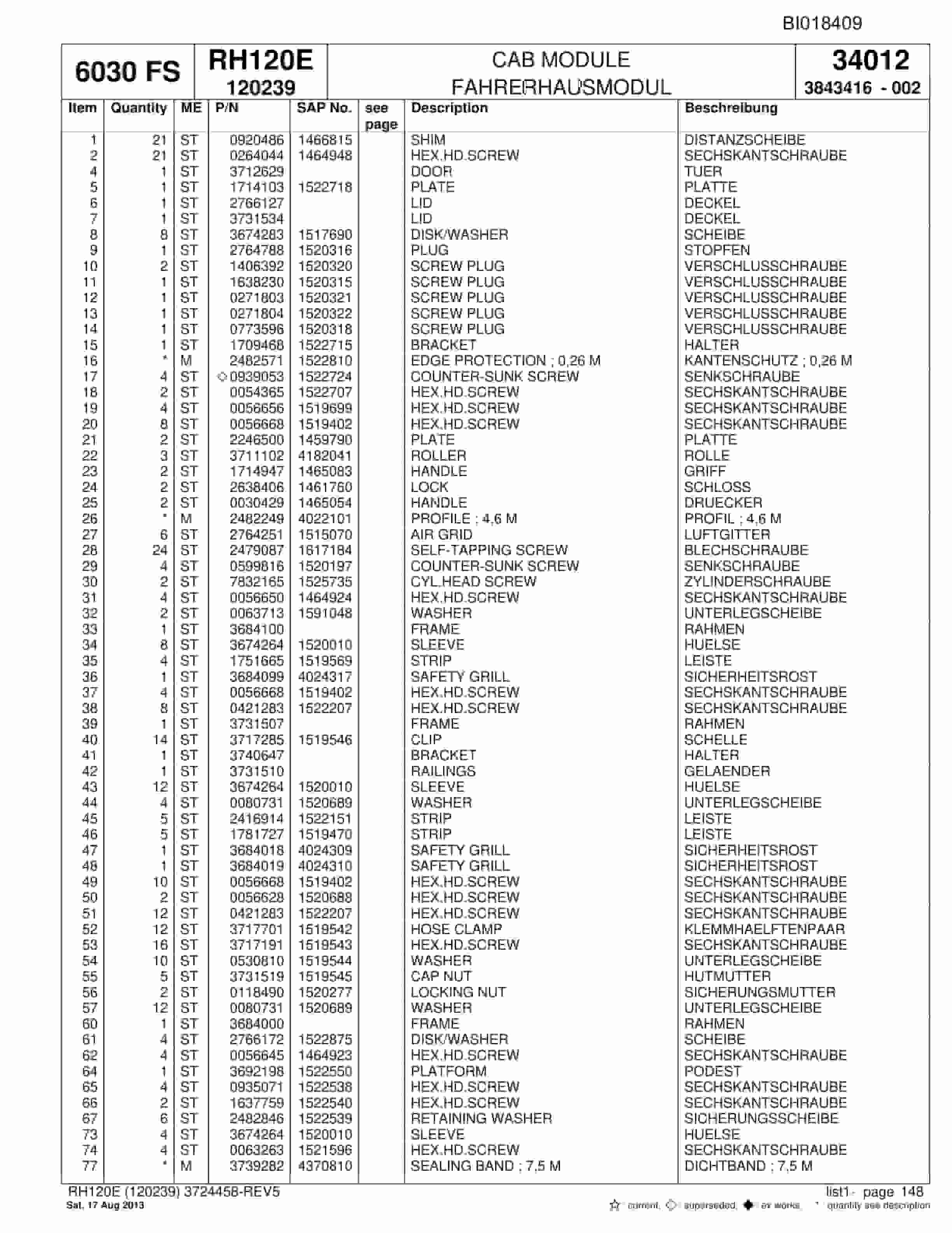 Bucyrus RH120E Hydraulic Excavator Parts Catalog BI018409-5