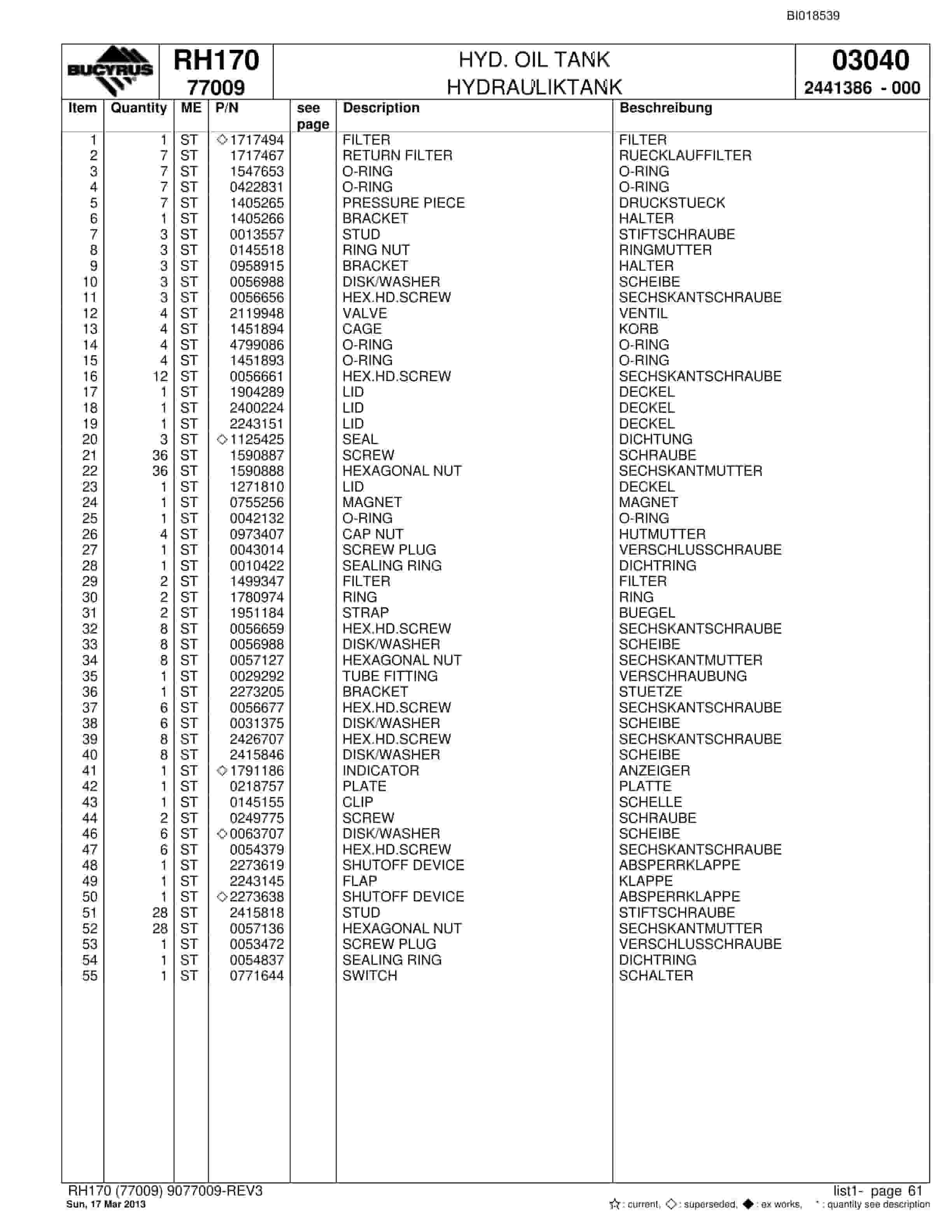 Bucyrus RH170 Hydraulic Excavator Parts Catalog BI018539-3