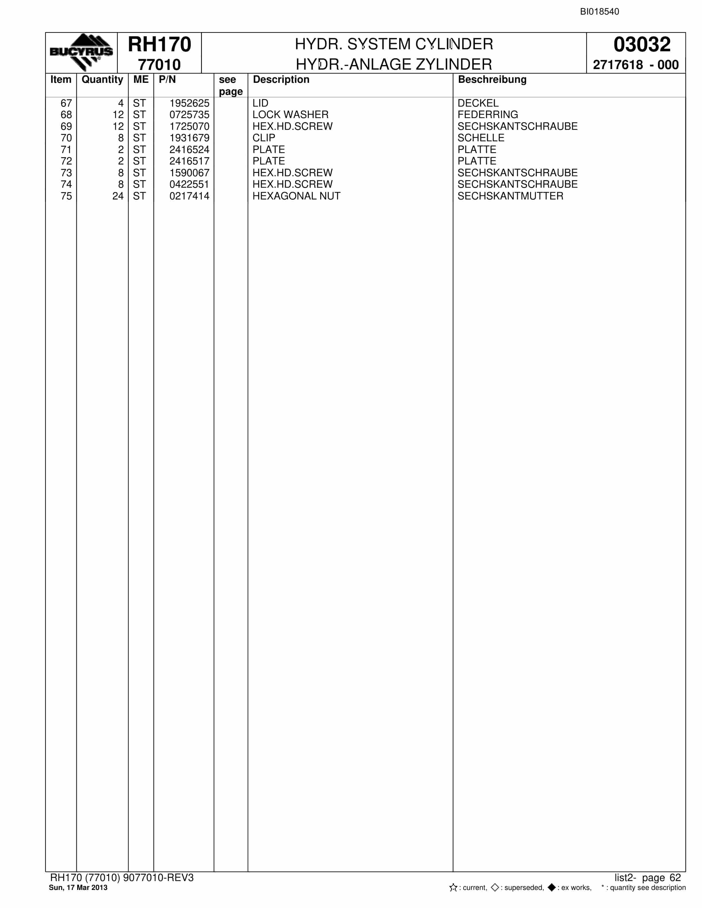 Bucyrus RH170 Hydraulic Excavator Parts Catalog BI018540-3