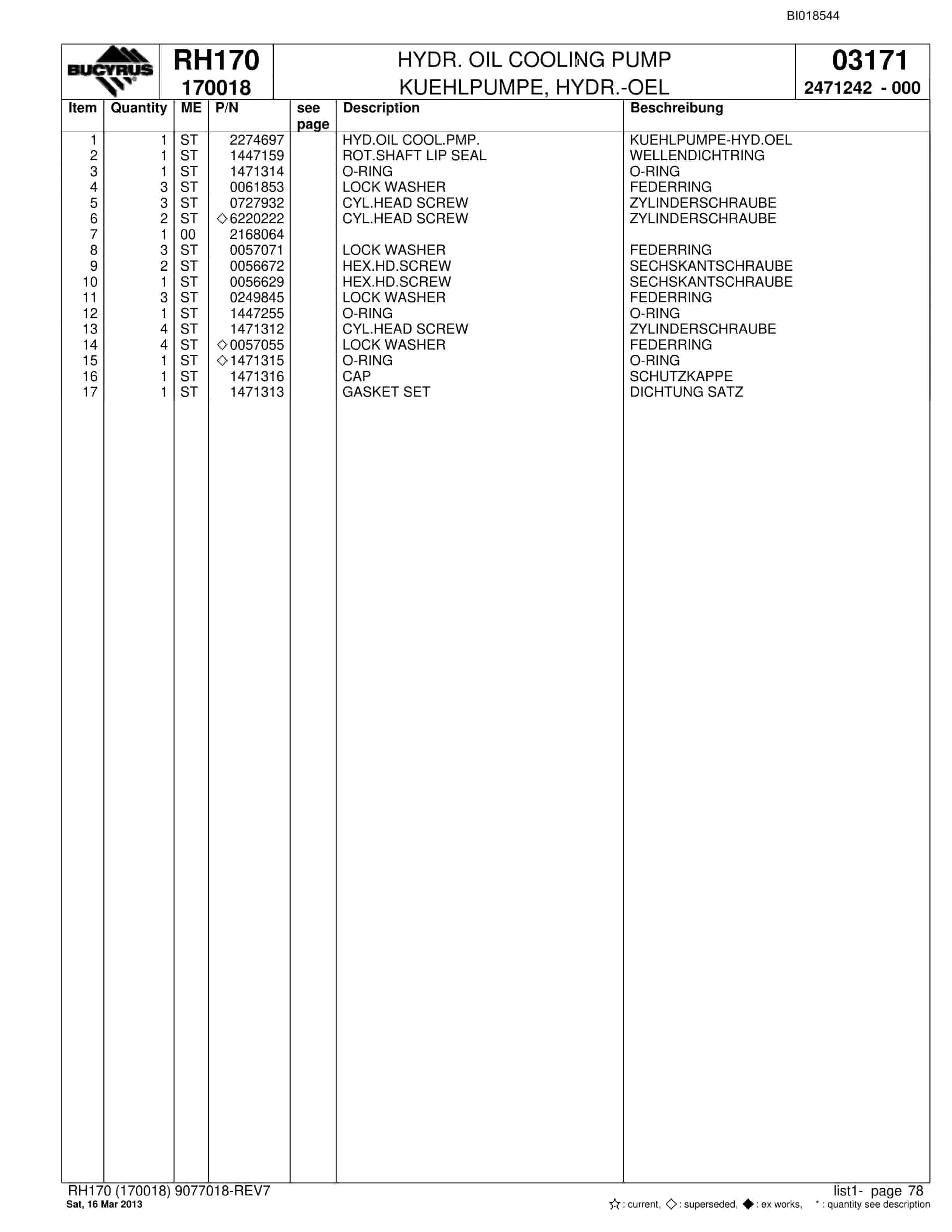 Bucyrus RH170 Hydraulic Excavator Parts Catalog BI018544-5
