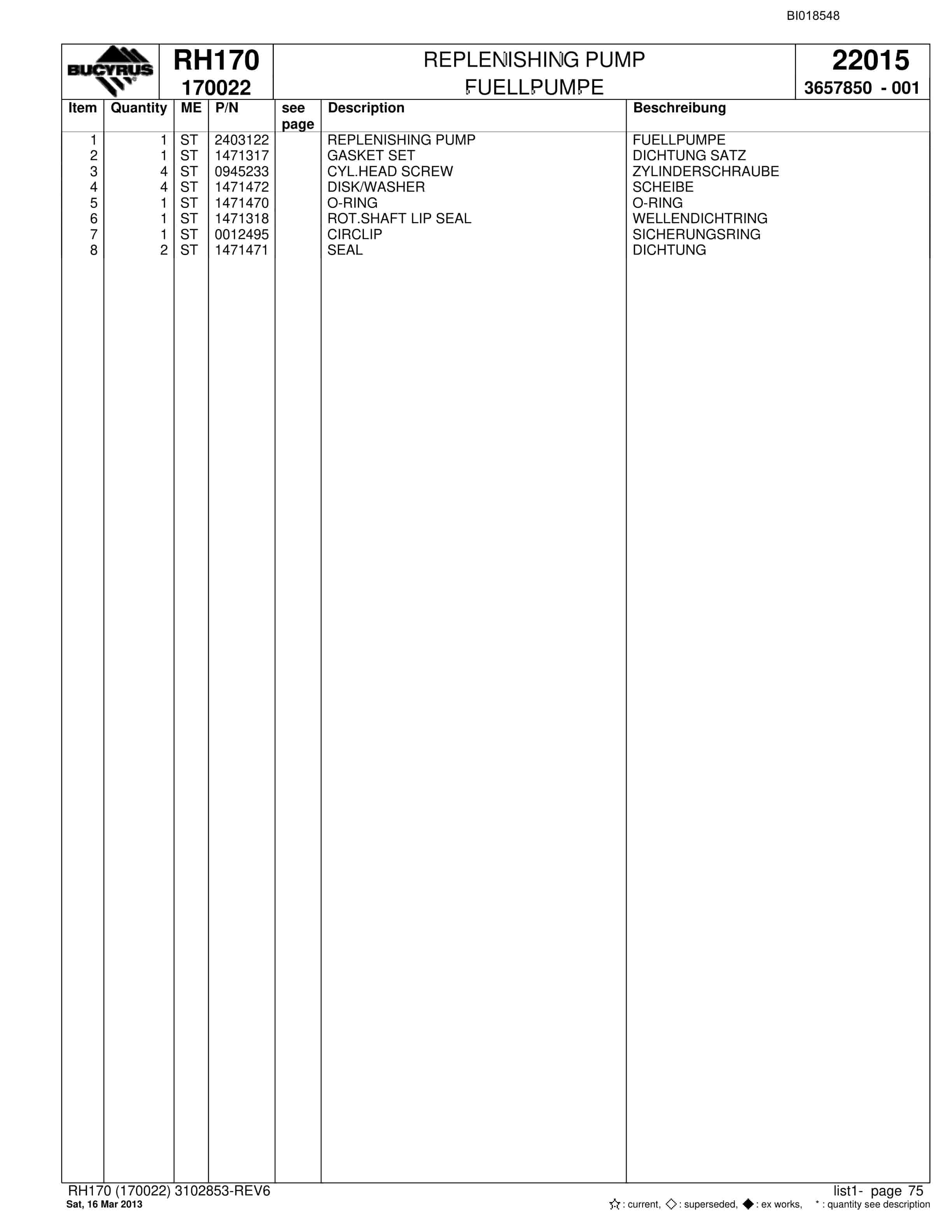 Bucyrus RH170 Hydraulic Excavator Parts Catalog BI018548-2