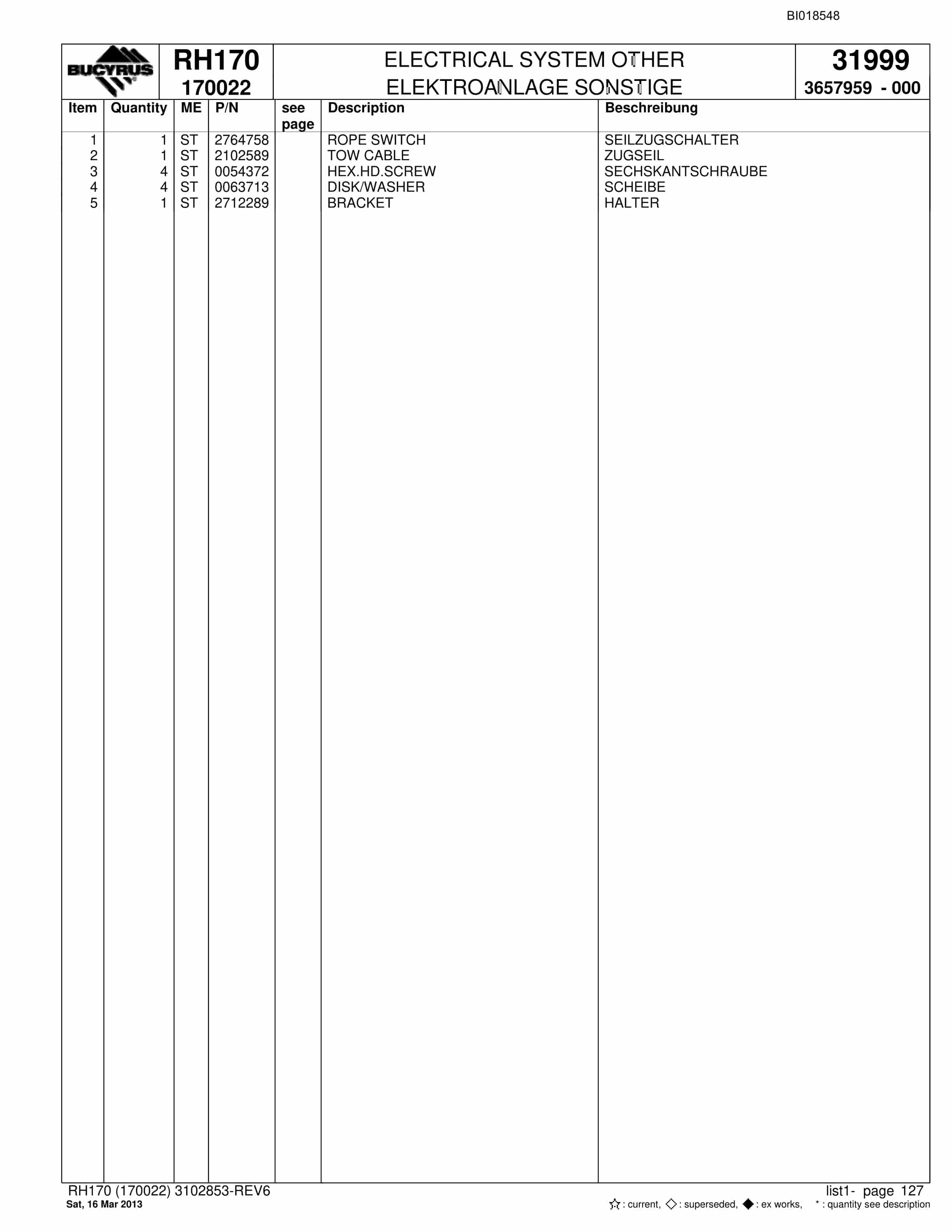 Bucyrus RH170 Hydraulic Excavator Parts Catalog BI018548-5