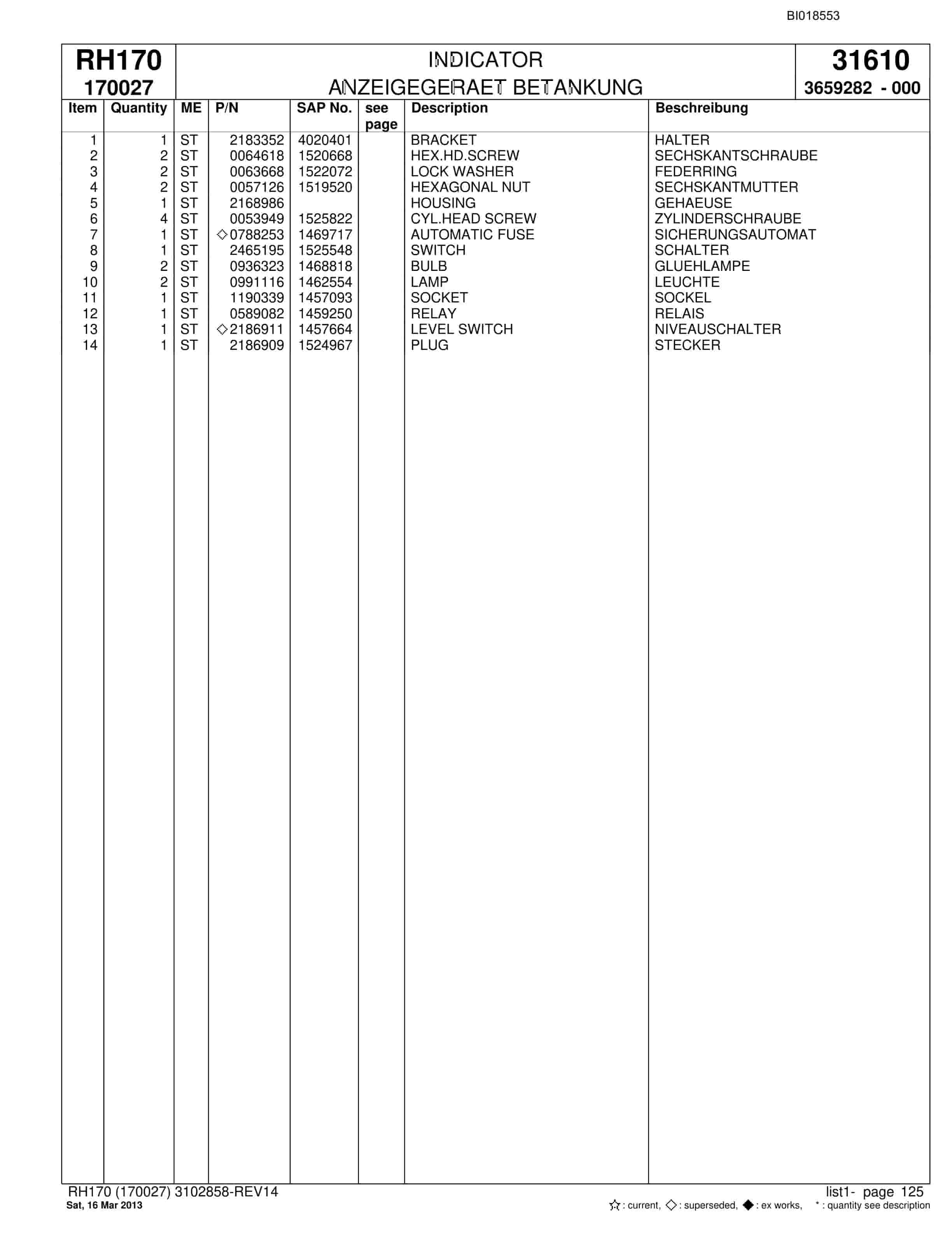 Bucyrus RH170 Hydraulic Excavator Parts Catalog BI018553-5