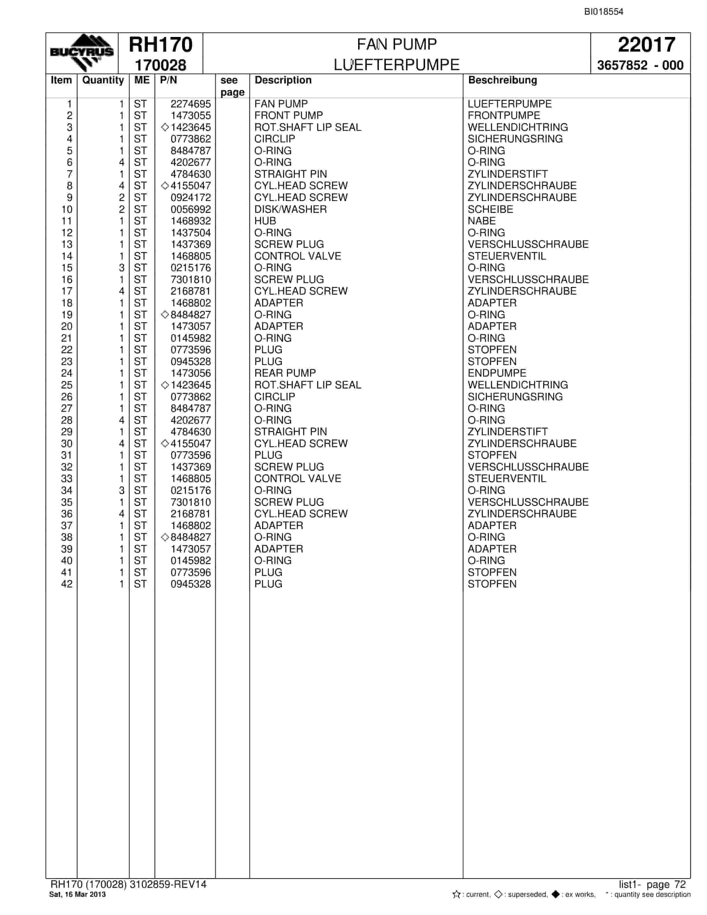 Bucyrus RH170 Hydraulic Excavator Parts Catalog BI018554-2