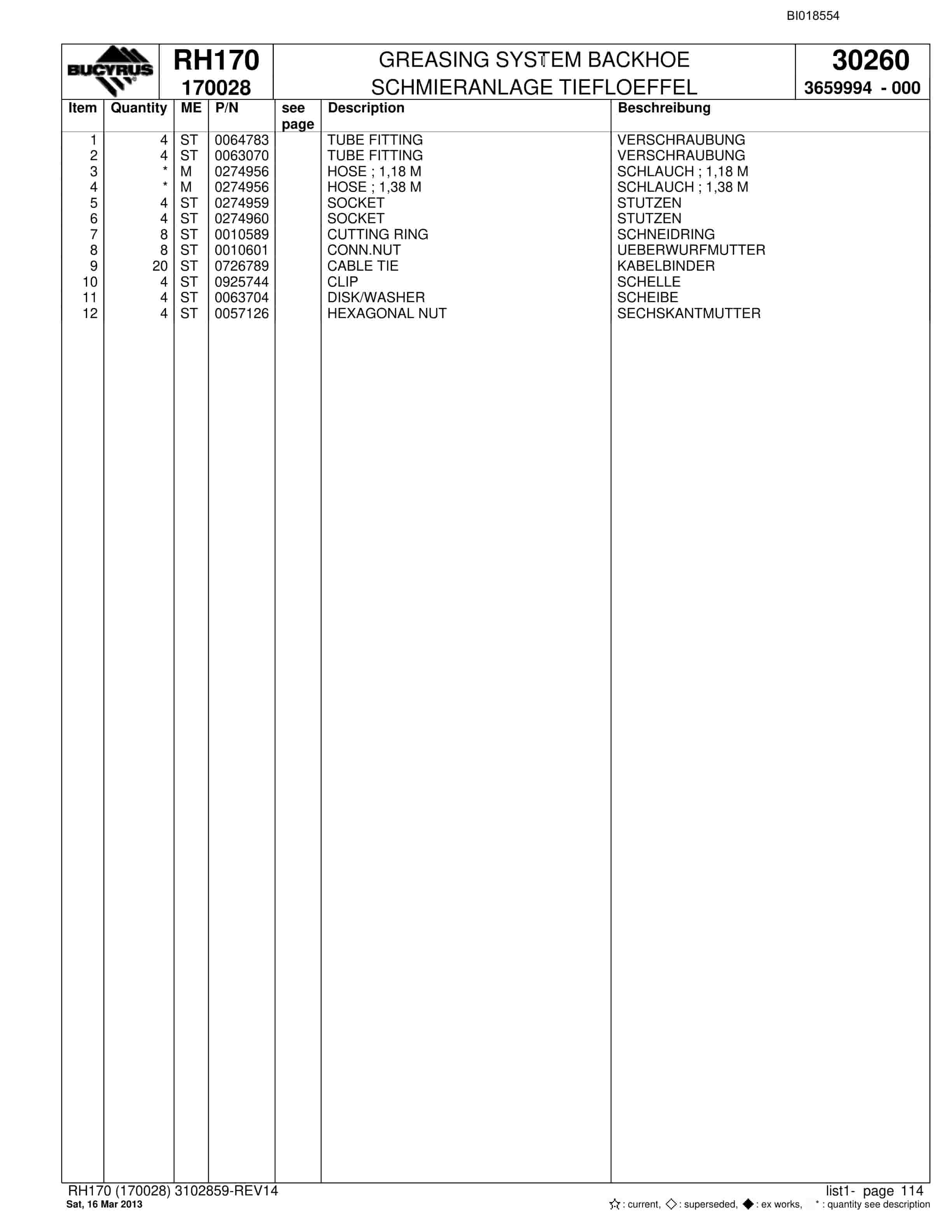 Bucyrus RH170 Hydraulic Excavator Parts Catalog BI018554-4