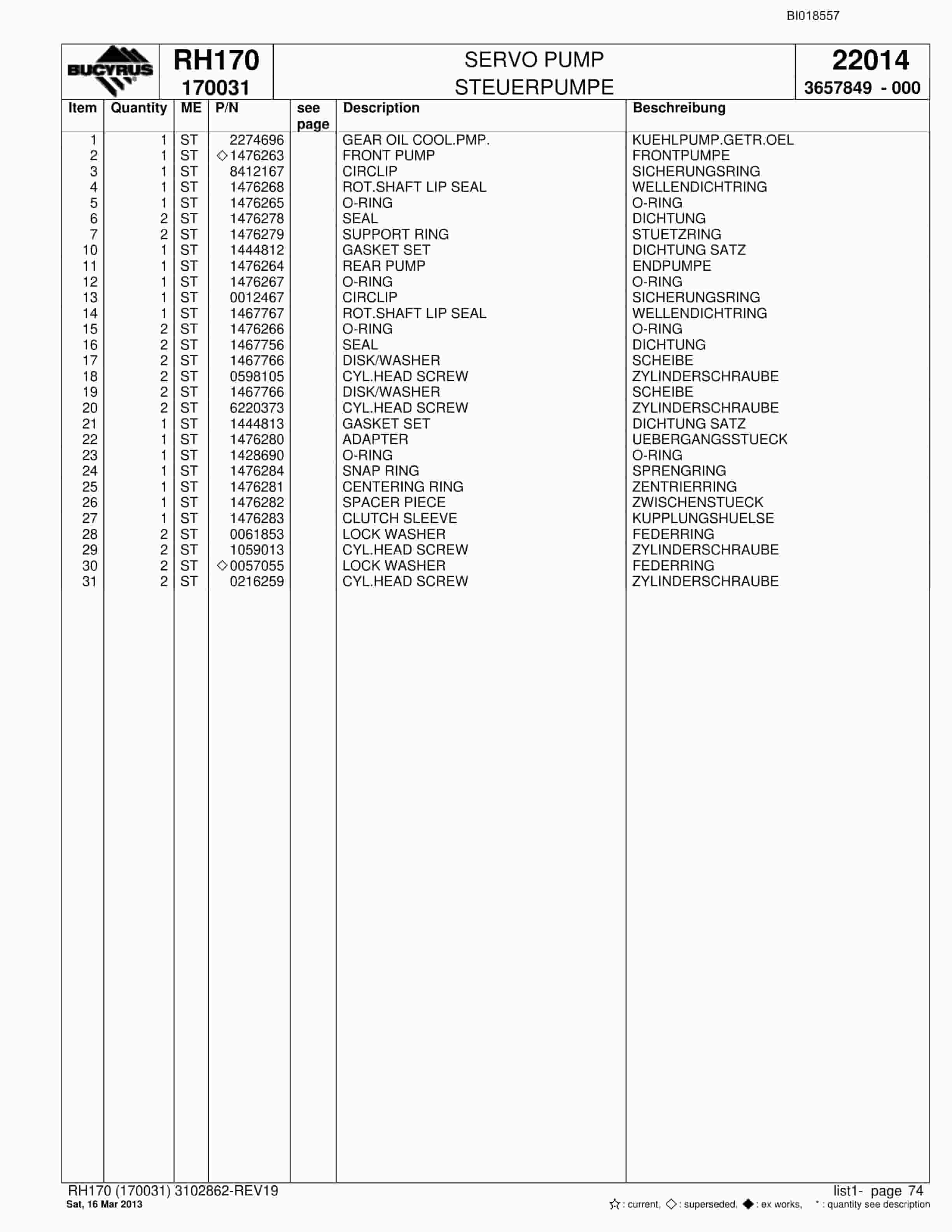 Bucyrus RH170 Hydraulic Excavator Parts Catalog BI018557-2