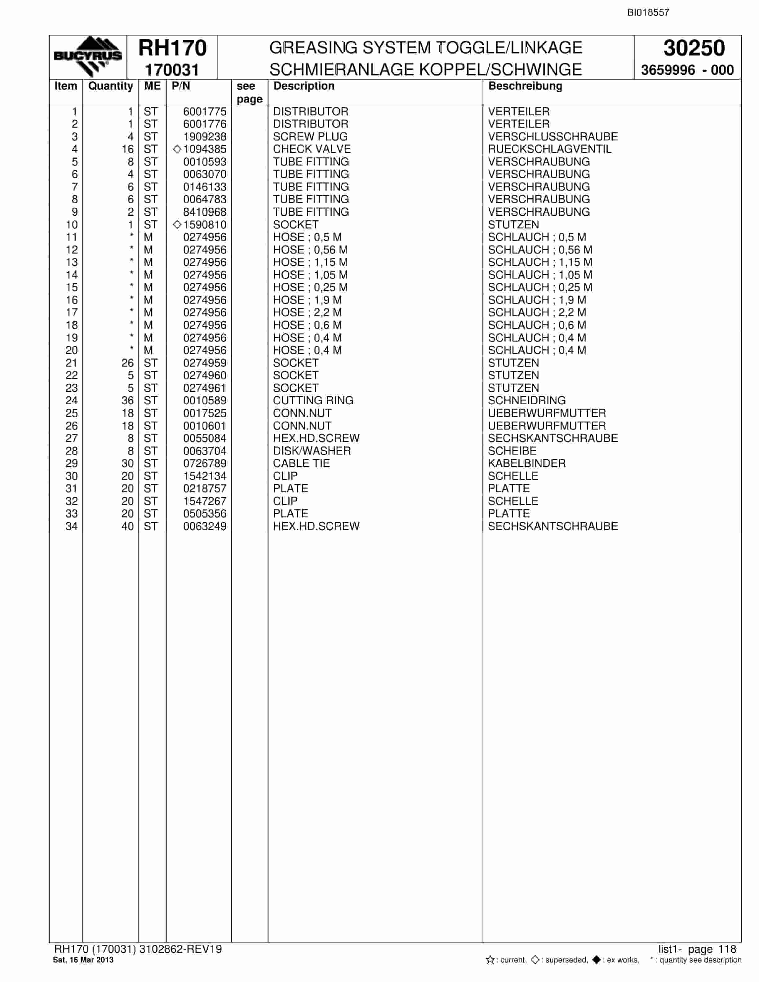 Bucyrus RH170 Hydraulic Excavator Parts Catalog BI018557-4