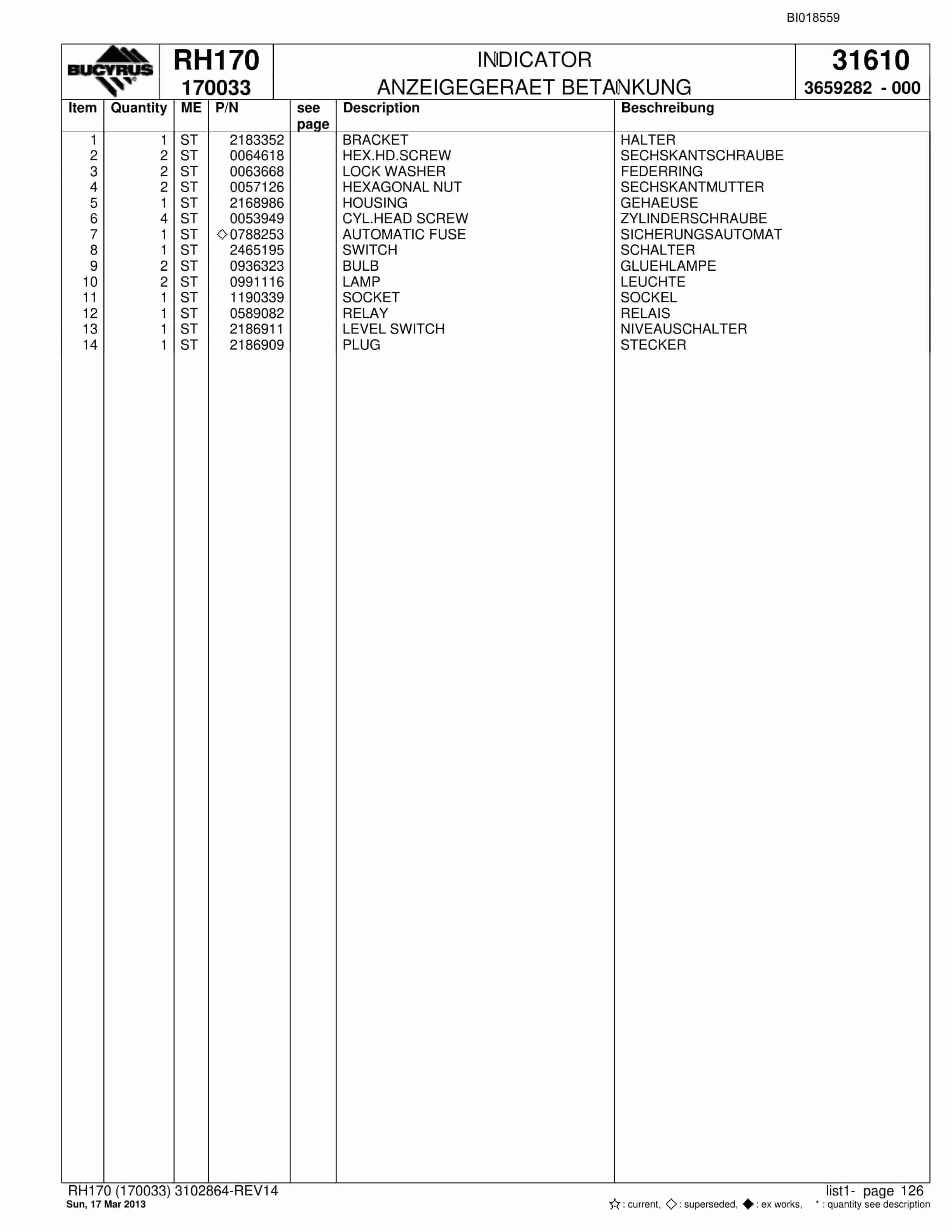 Bucyrus RH170 Hydraulic Excavator Parts Catalog BI018559-5